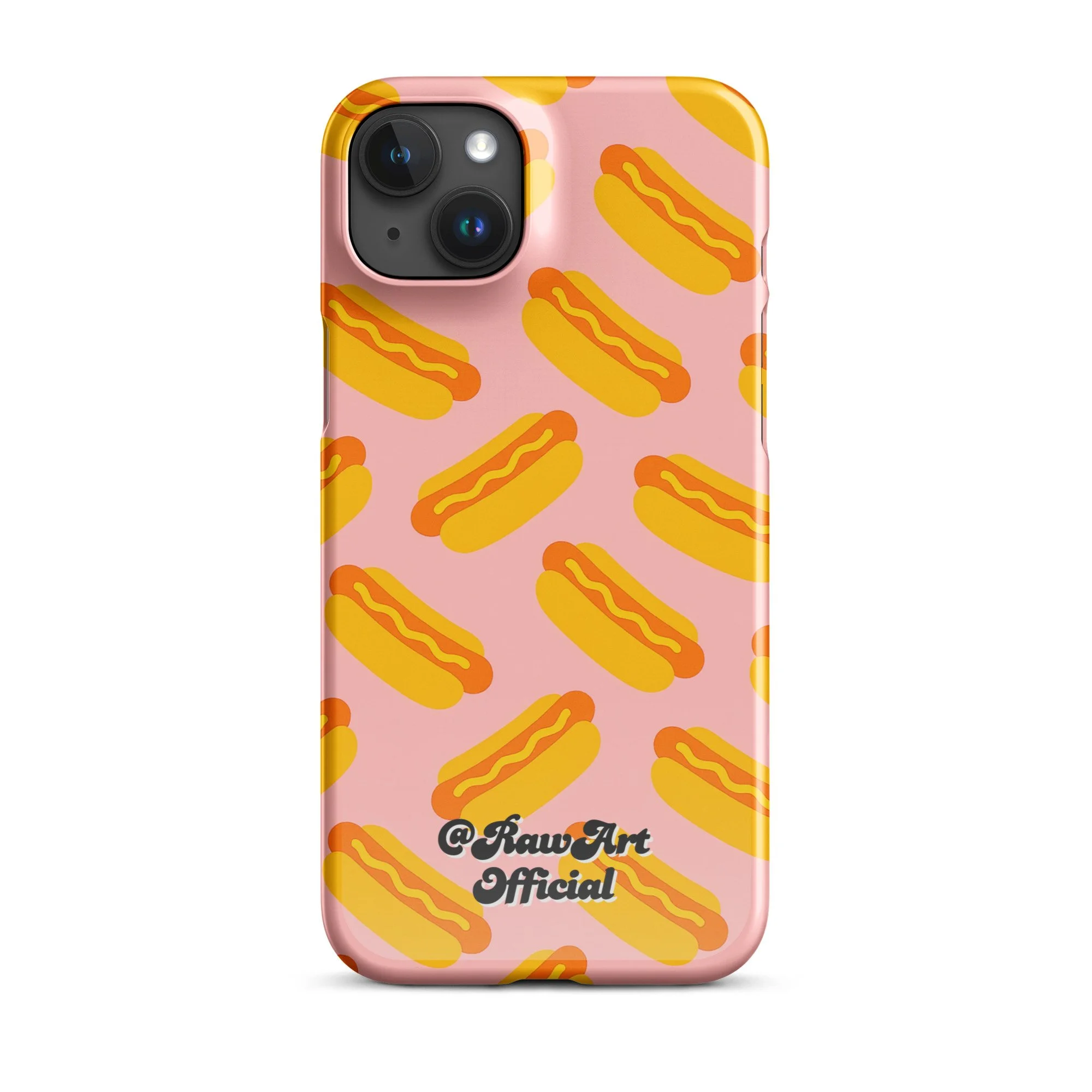 Pink iPhone case with yellow hot dog pattern, retro food design.
