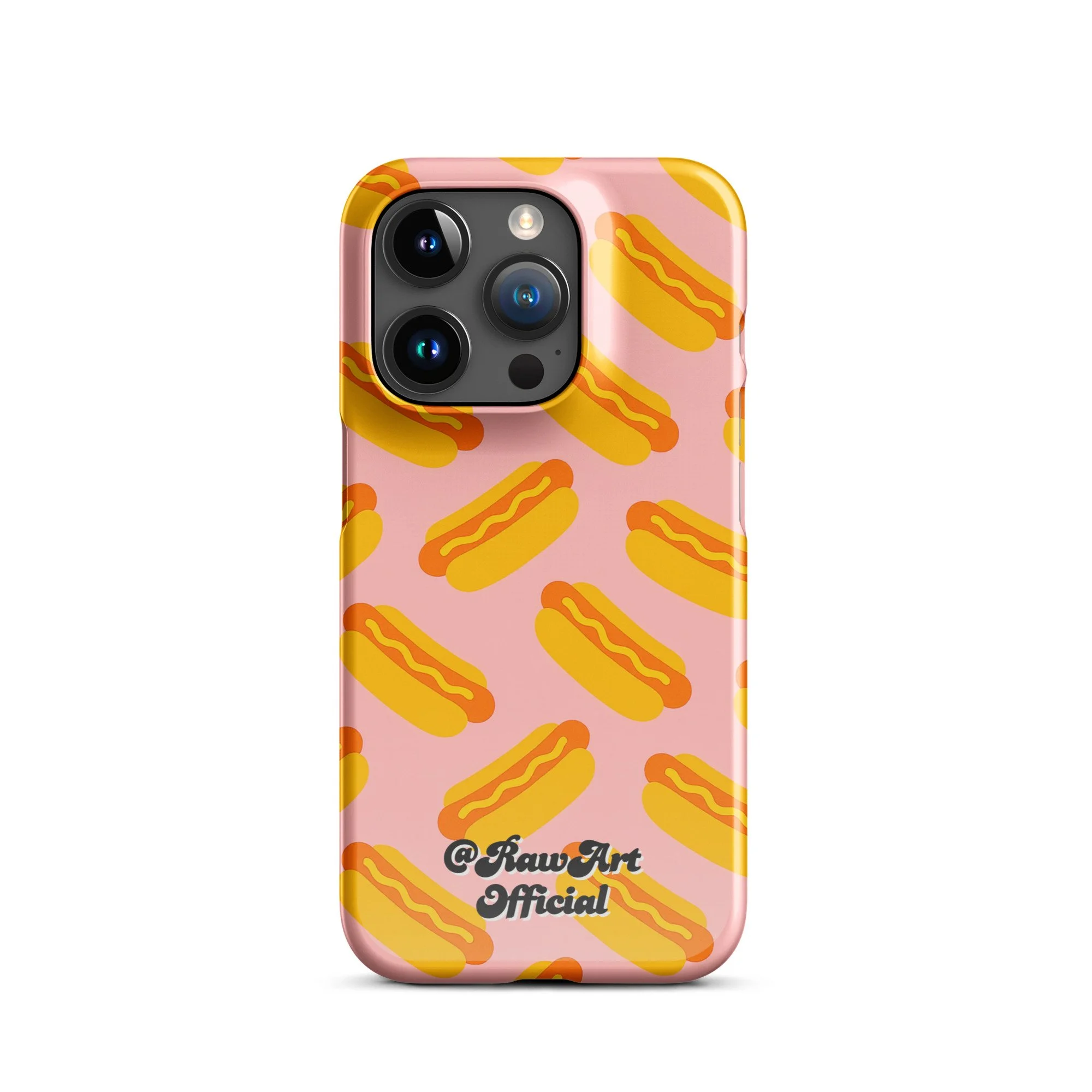 Pink iPhone case with yellow hot dog pattern, retro food design.