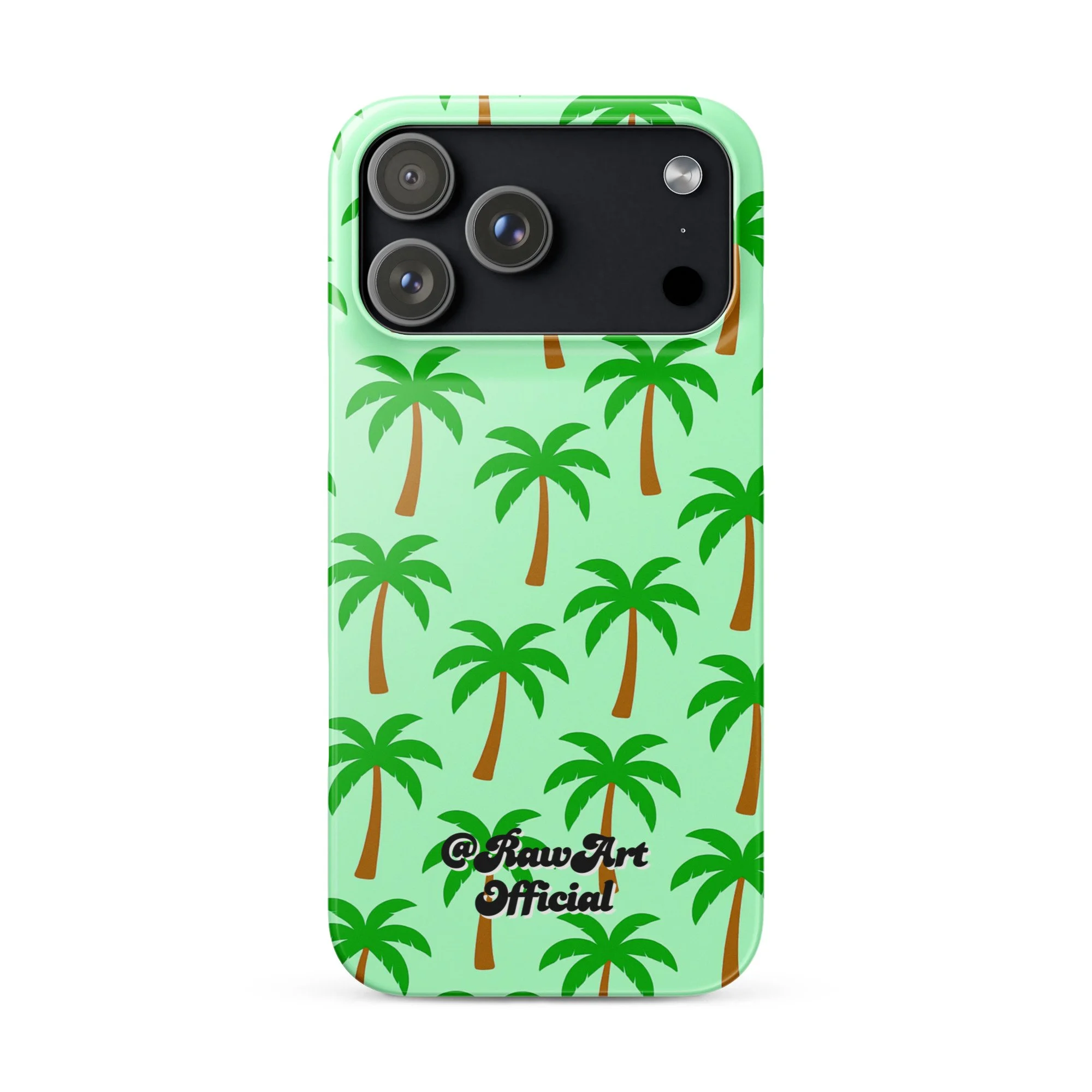 Mint green iPhone case with palm tree pattern, tropical retro design.