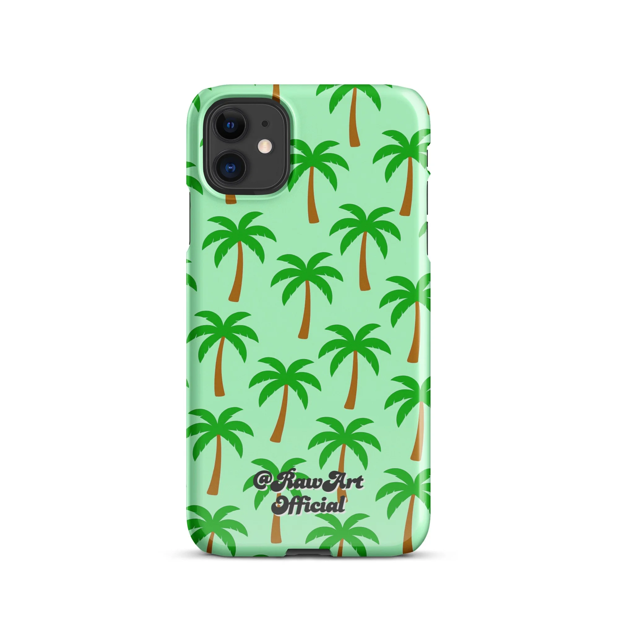 Mint green iPhone case with palm tree pattern, tropical retro design.