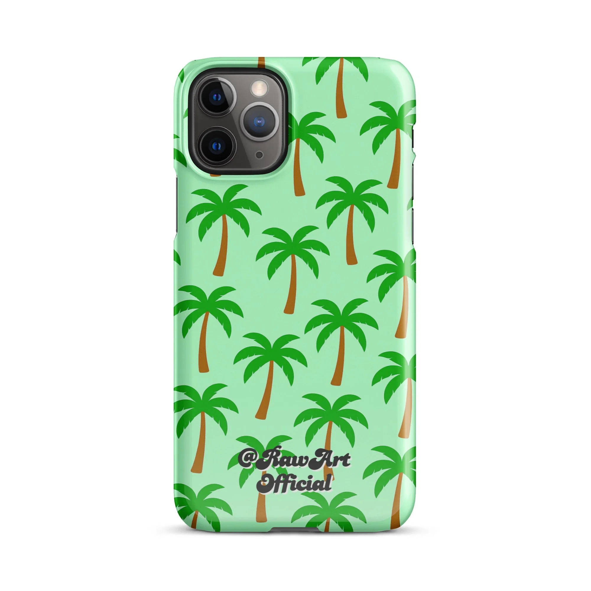 Mint green iPhone case with palm tree pattern, tropical retro design.