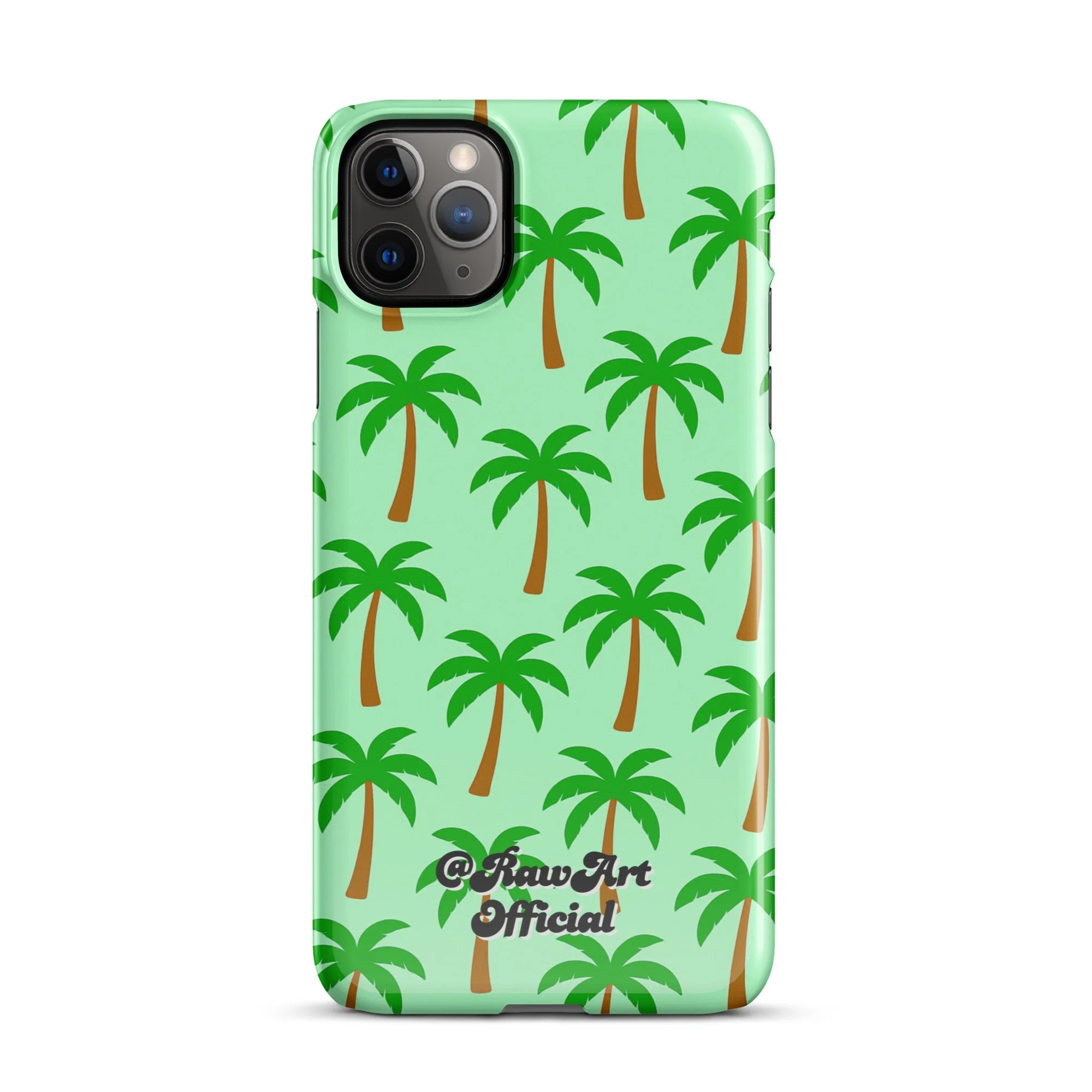 Mint green iPhone case with palm tree pattern, tropical retro design.