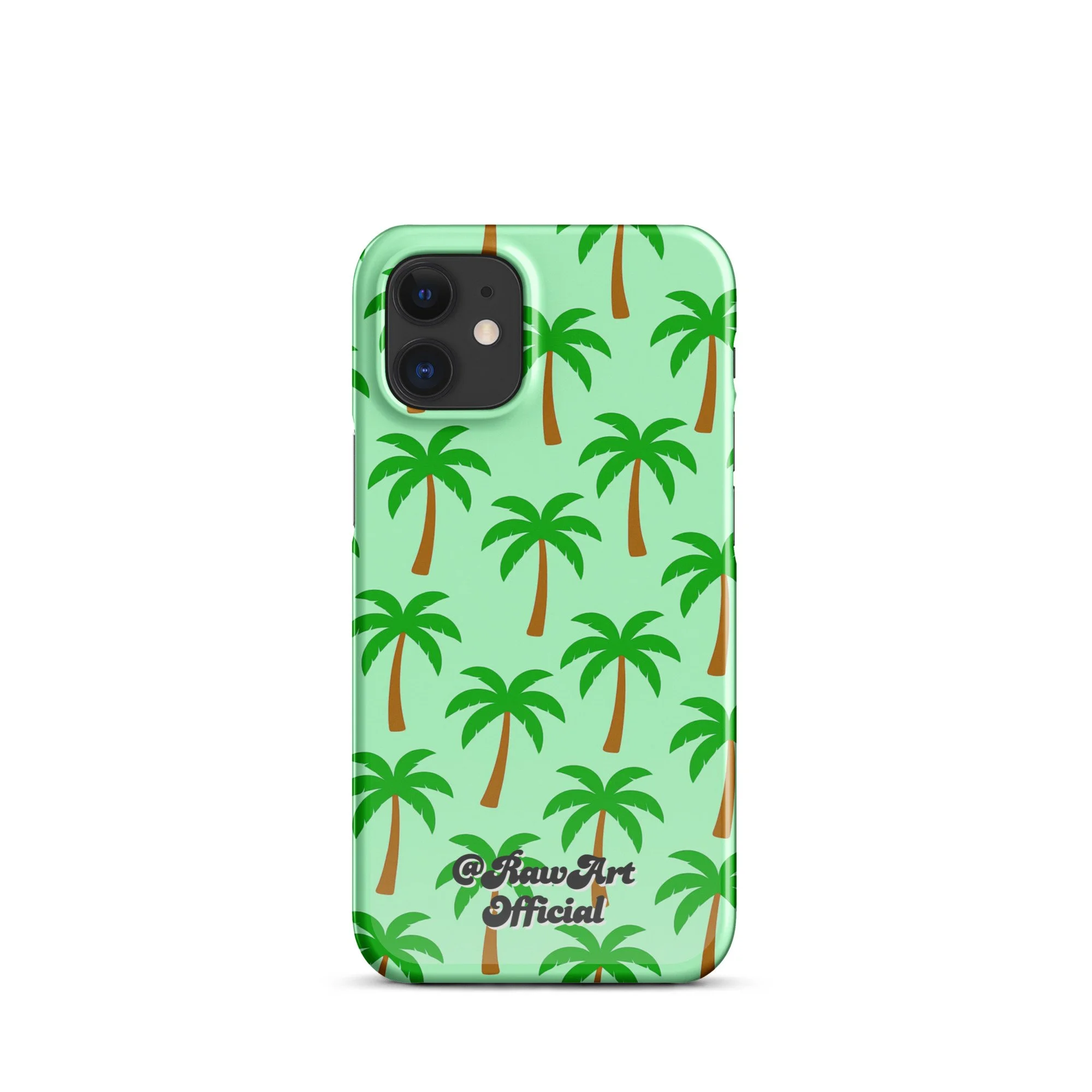 Mint green iPhone case with palm tree pattern, tropical retro design.