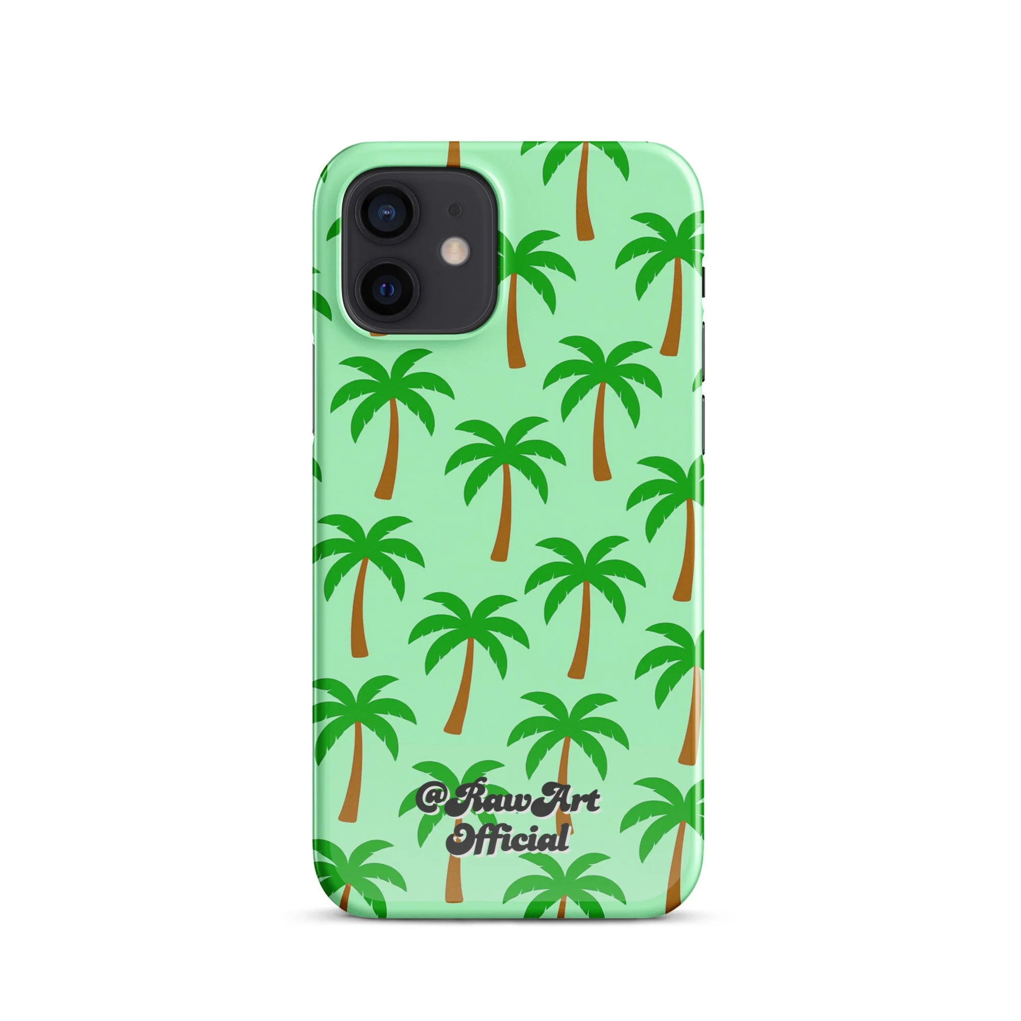 Mint green iPhone case with palm tree pattern, tropical retro design.