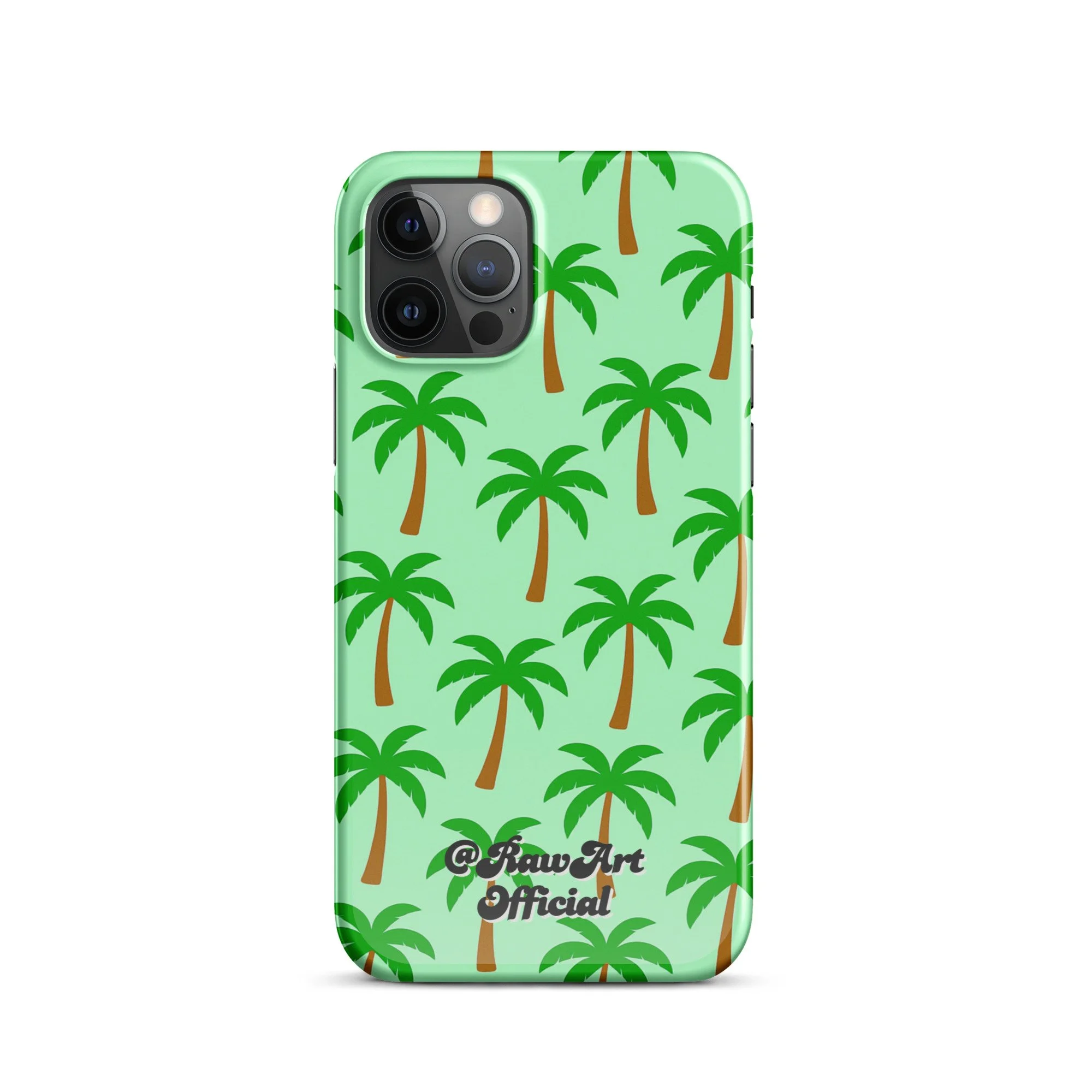 Mint green iPhone case with palm tree pattern, tropical retro design.