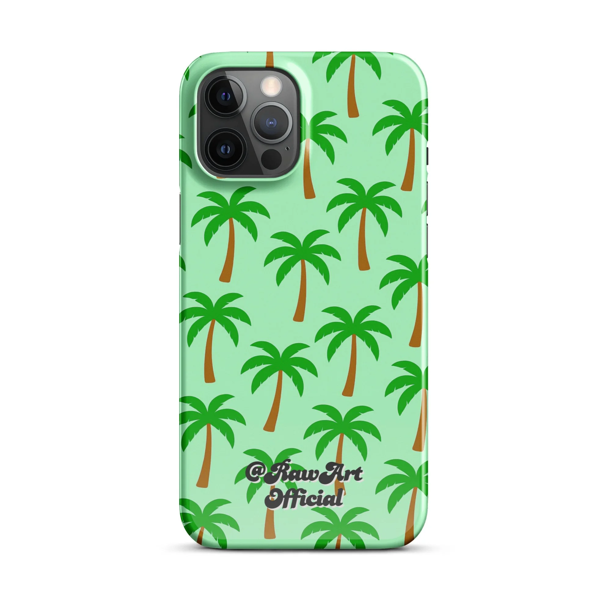 Mint green iPhone case with palm tree pattern, tropical retro design.