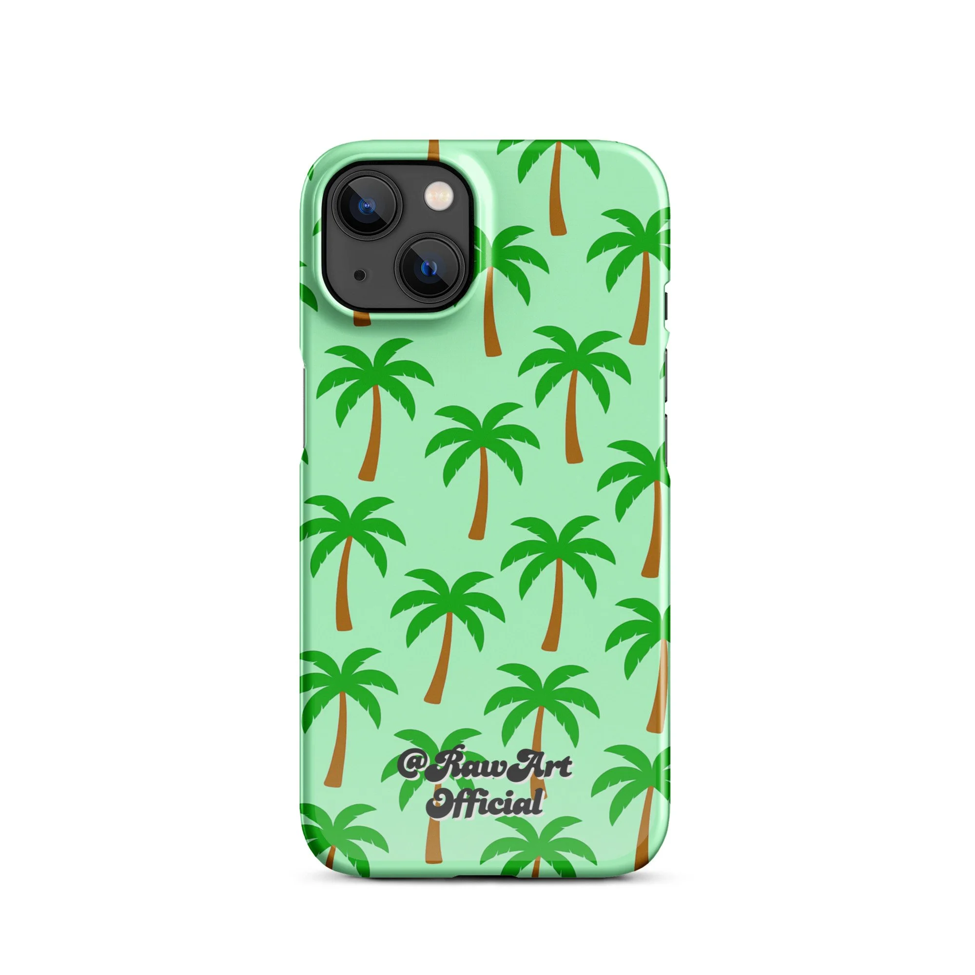 Mint green iPhone case with palm tree pattern, tropical retro design.
