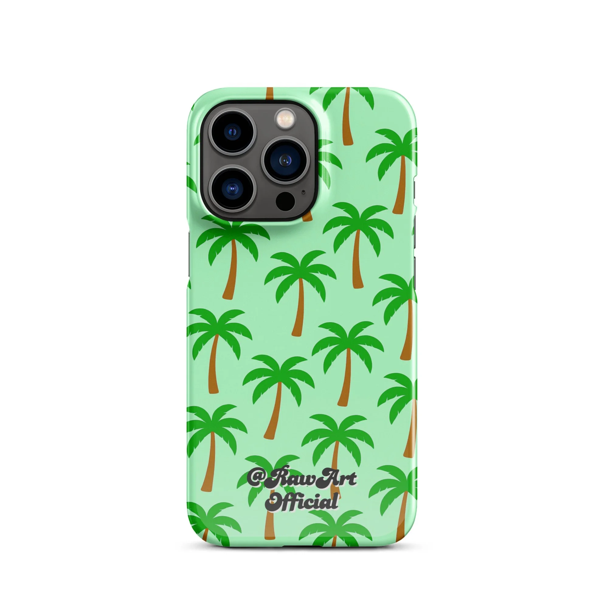 Mint green iPhone case with palm tree pattern, tropical retro design.