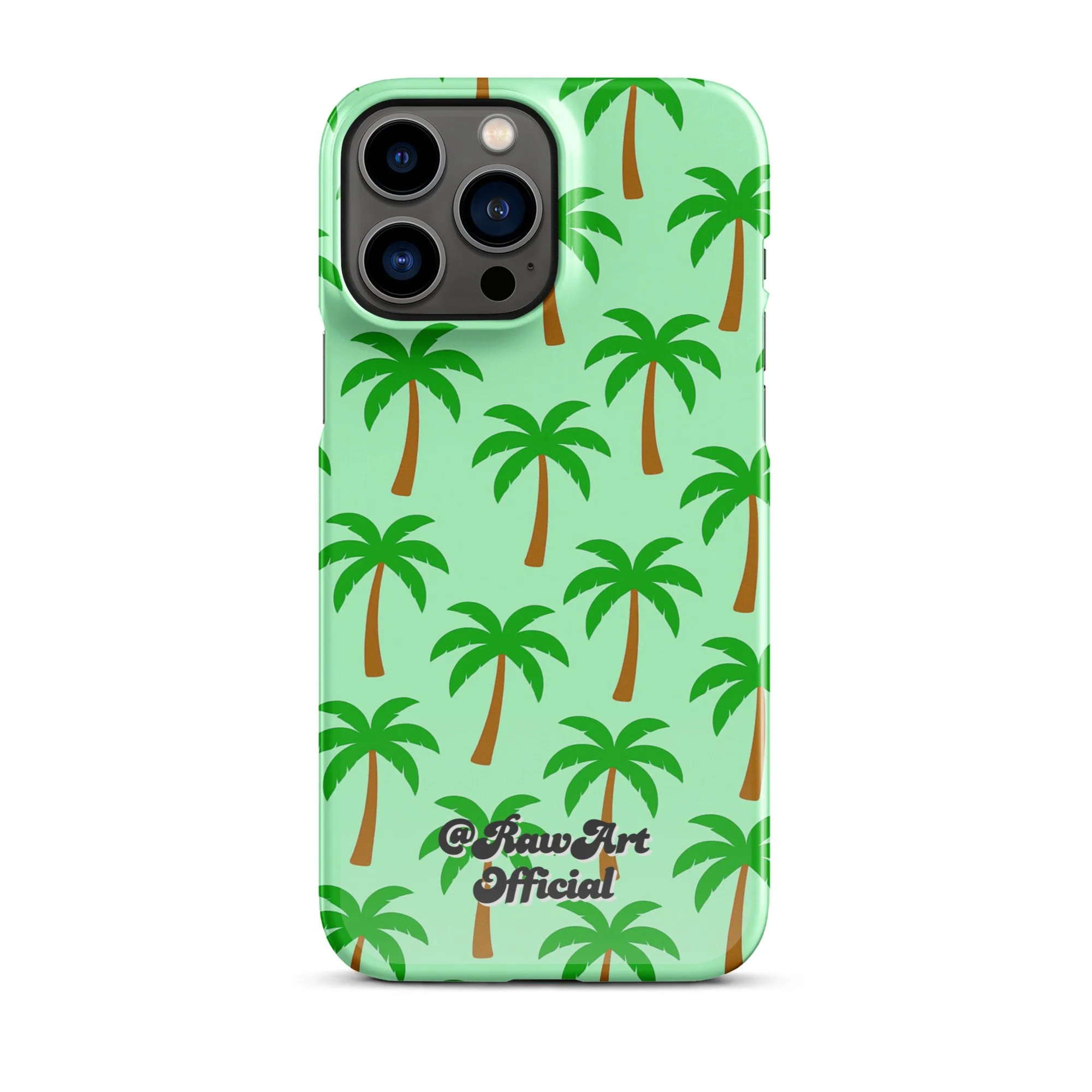Mint green iPhone case with palm tree pattern, tropical retro design.