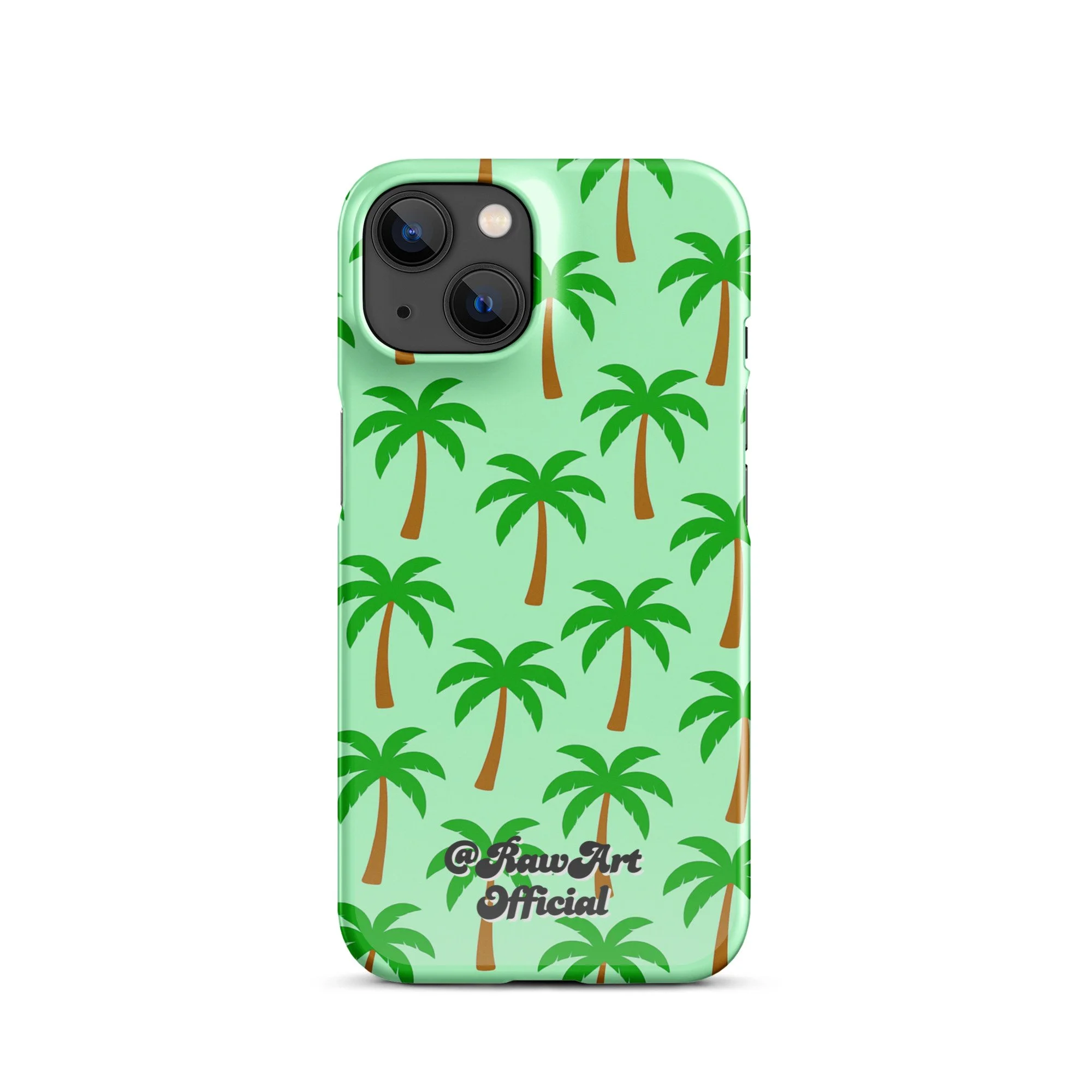 Mint green iPhone case with palm tree pattern, tropical retro design.