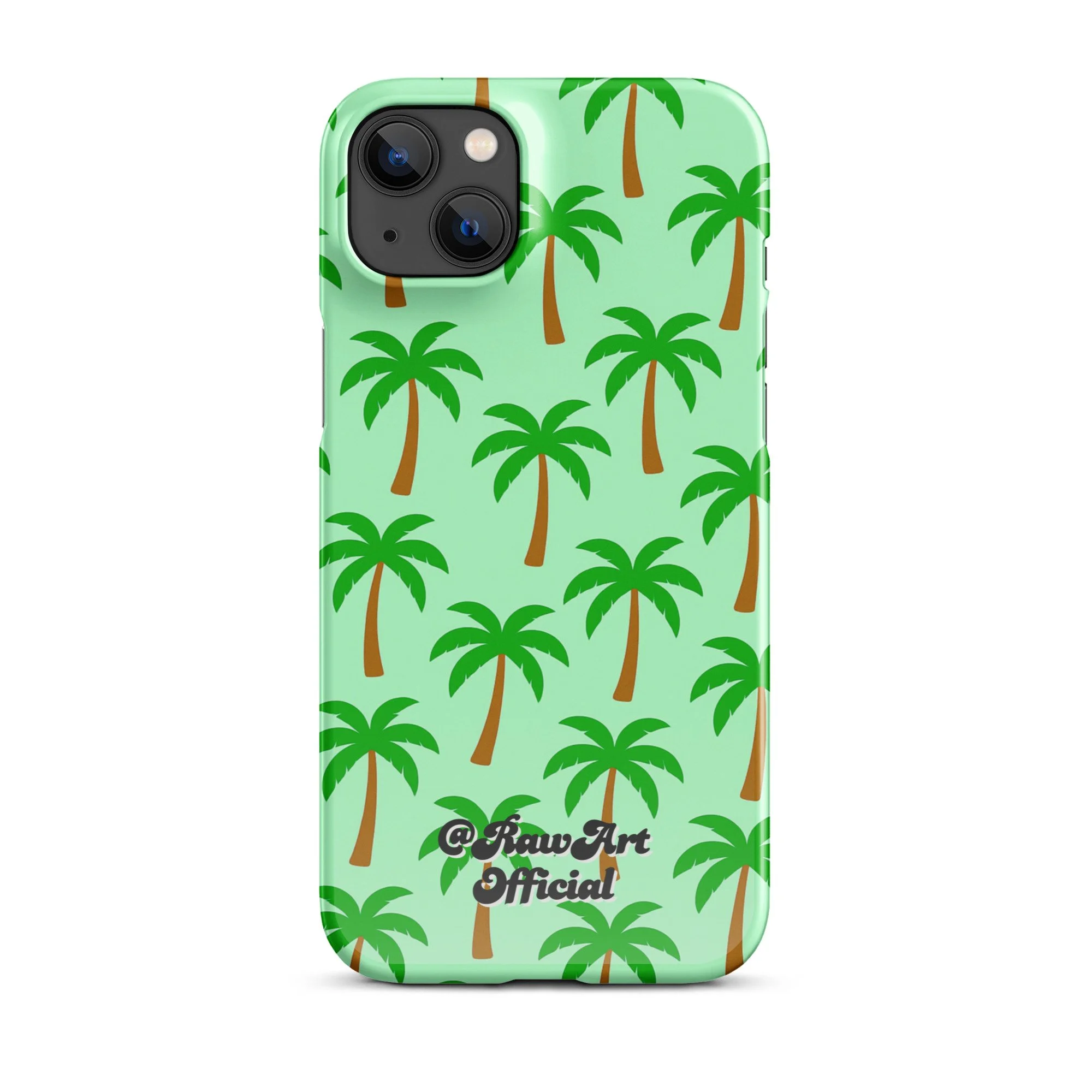 Mint green iPhone case with palm tree pattern, tropical retro design.