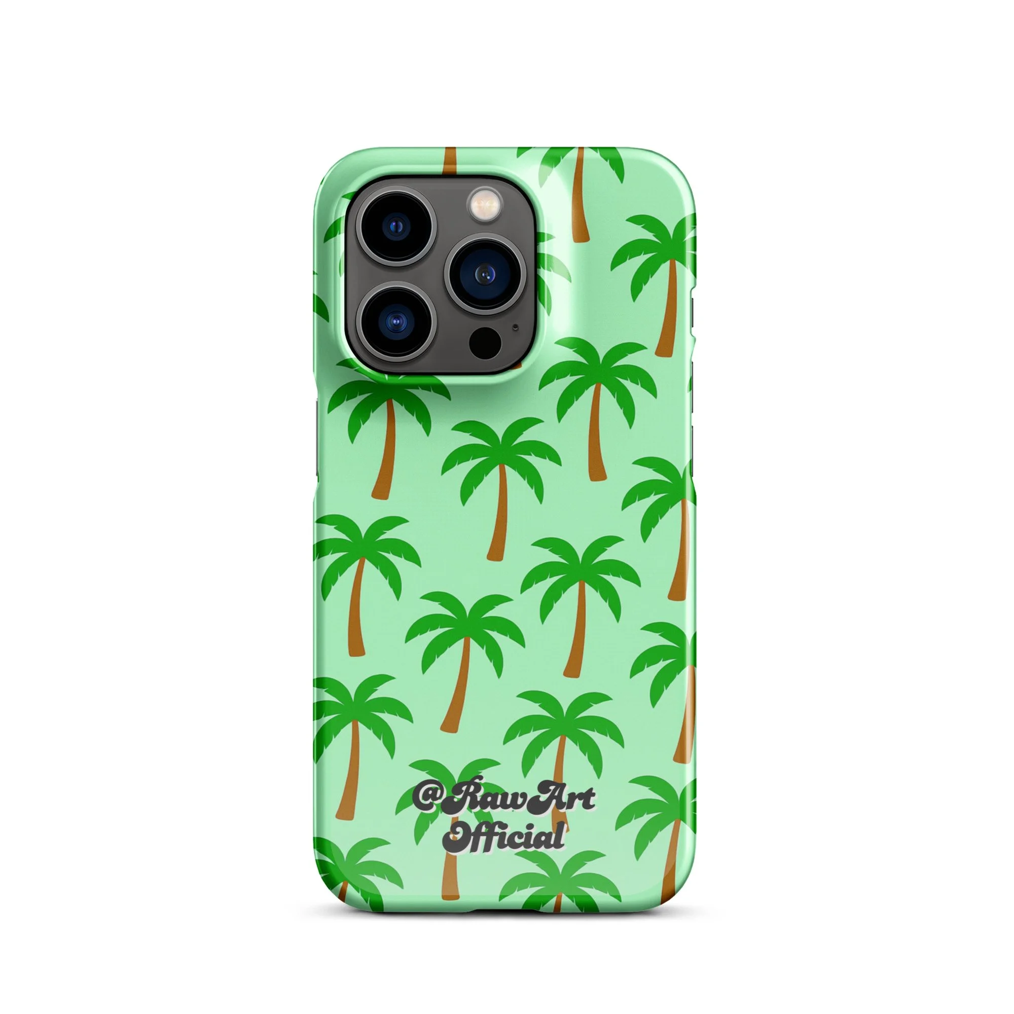 Mint green iPhone case with palm tree pattern, tropical retro design.