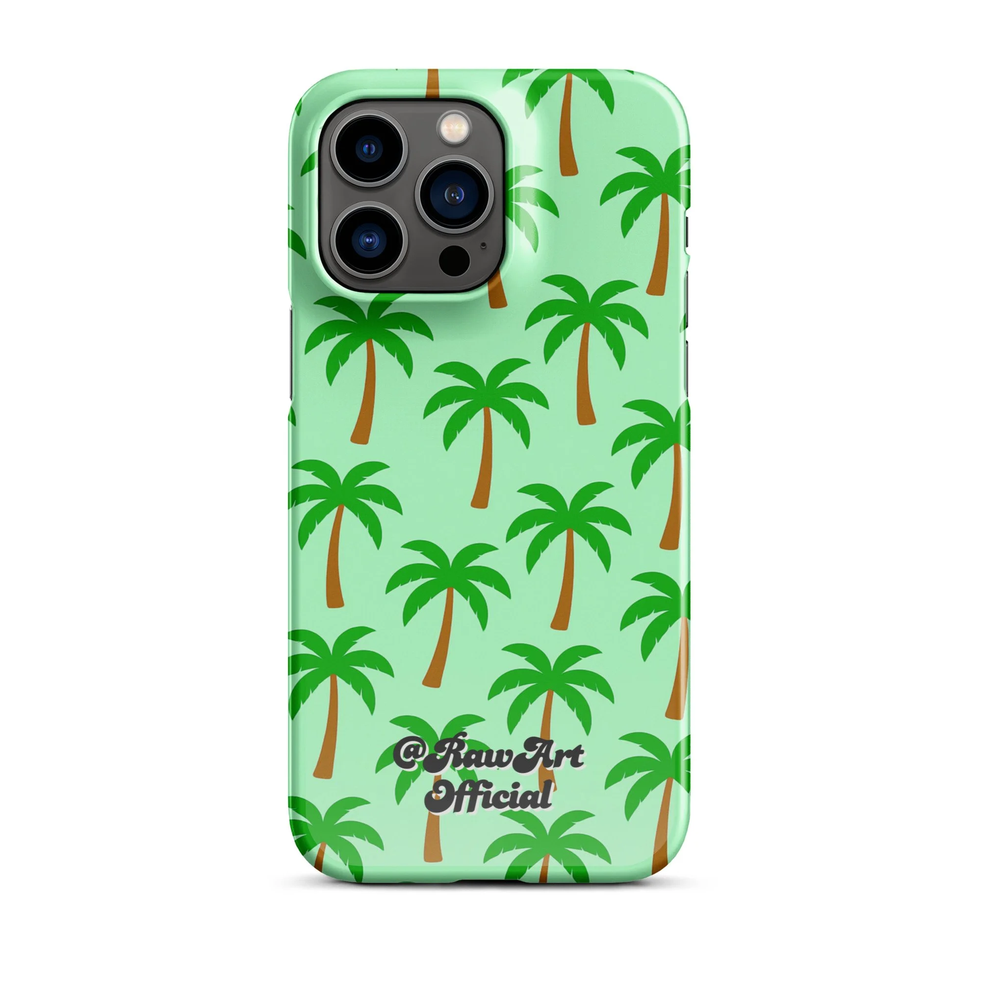 Mint green iPhone case with palm tree pattern, tropical retro design.