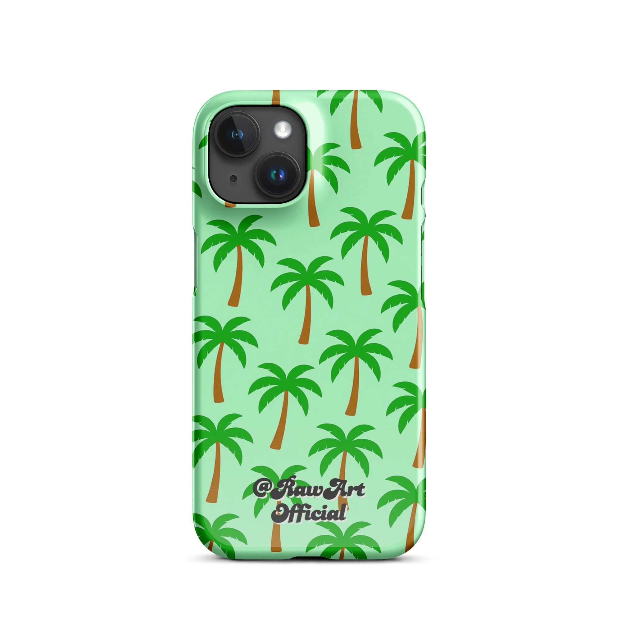 Mint green iPhone case with palm tree pattern, tropical retro design.