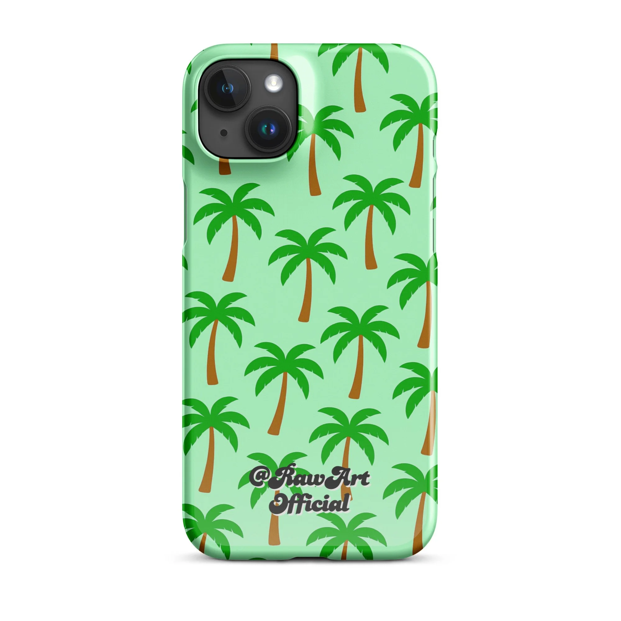 Mint green iPhone case with palm tree pattern, tropical retro design.