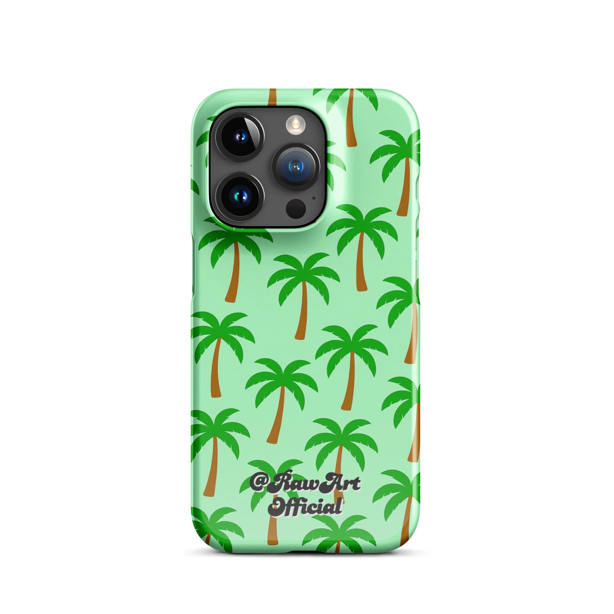 Mint green iPhone case with palm tree pattern, tropical retro design.