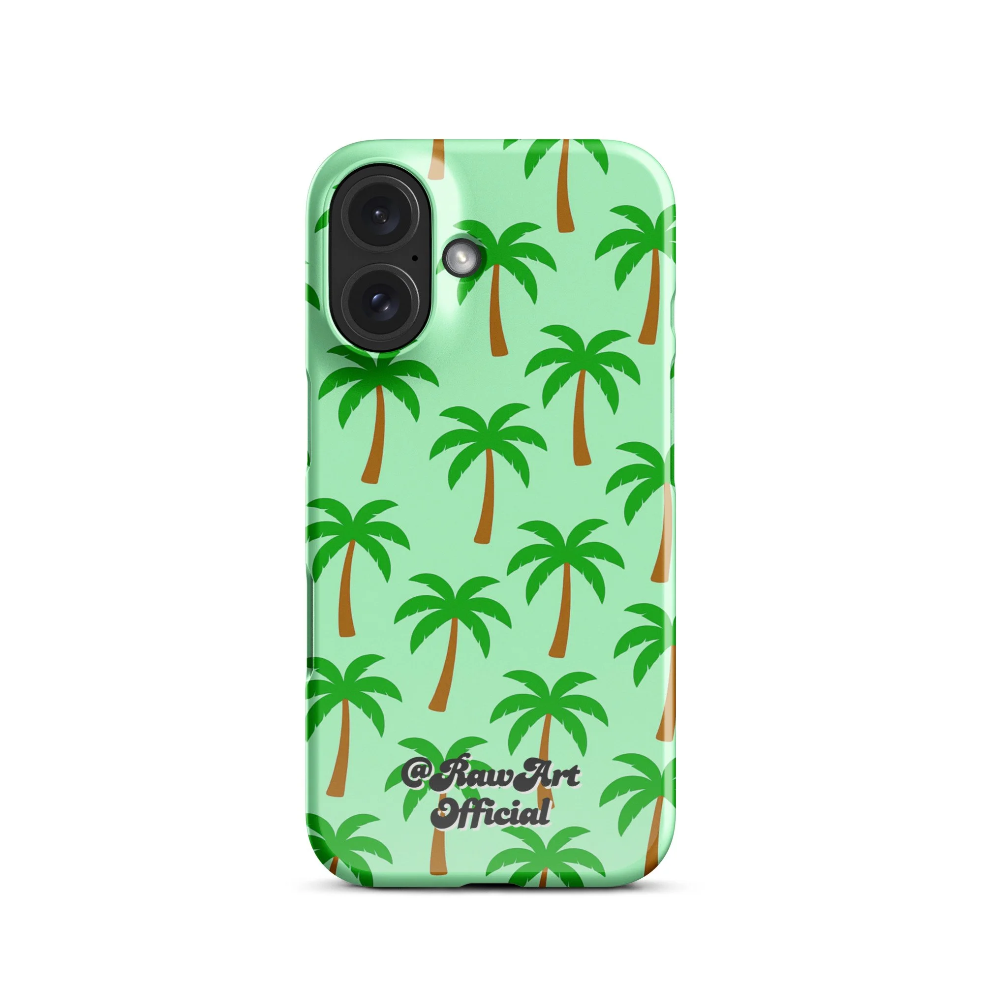 Mint green iPhone case with palm tree pattern, tropical retro design.