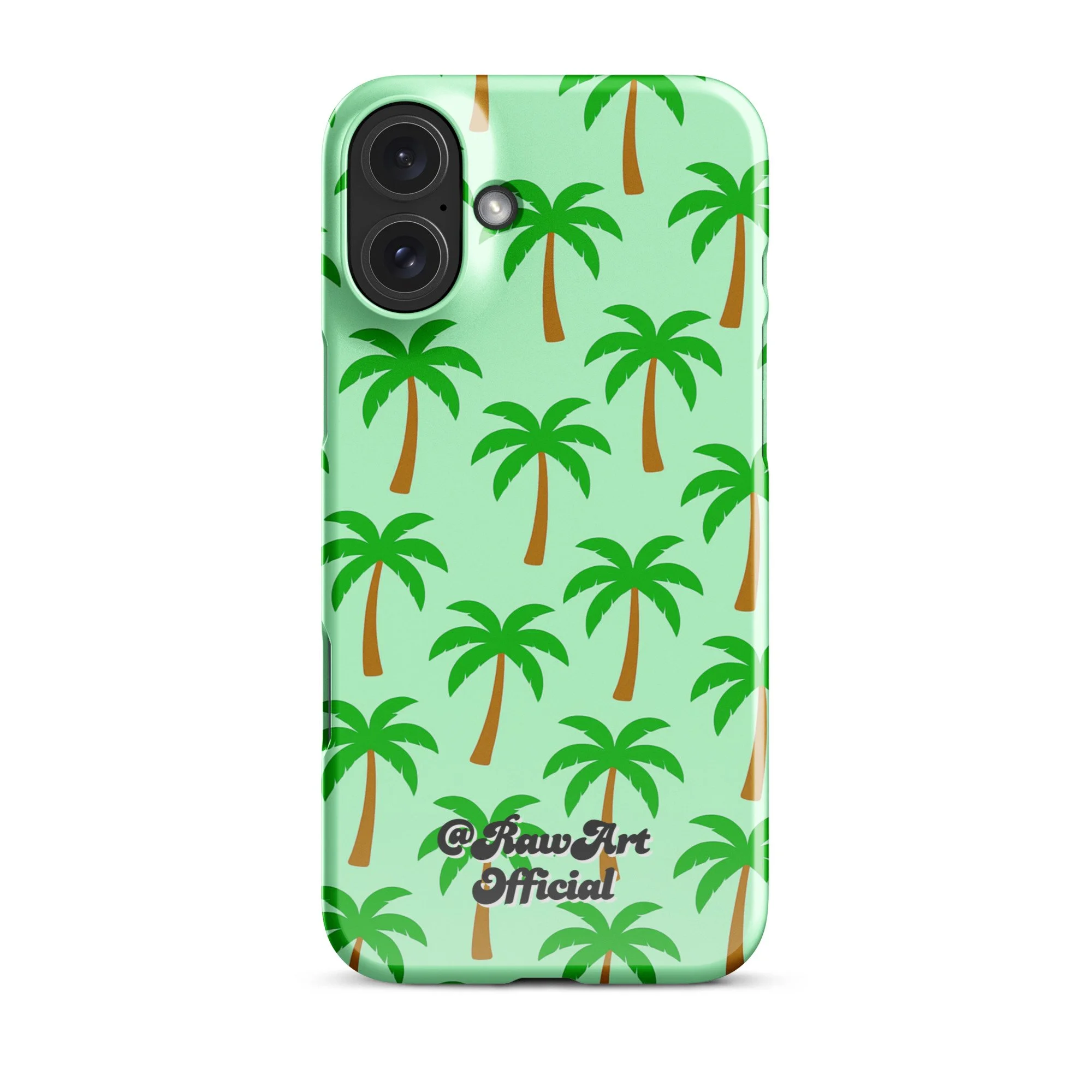 Mint green iPhone case with palm tree pattern, tropical retro design.