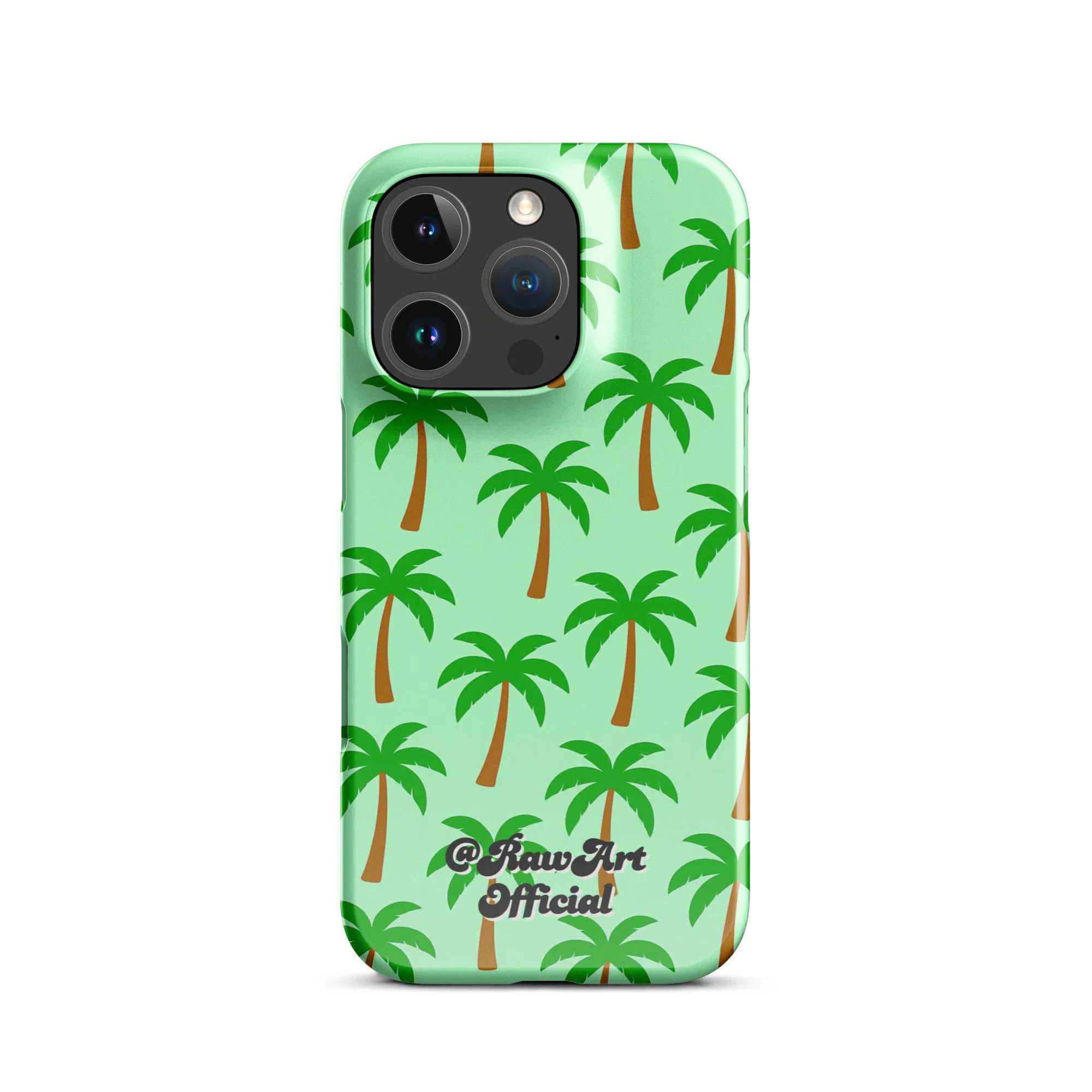 Mint green iPhone case with palm tree pattern, tropical retro design.