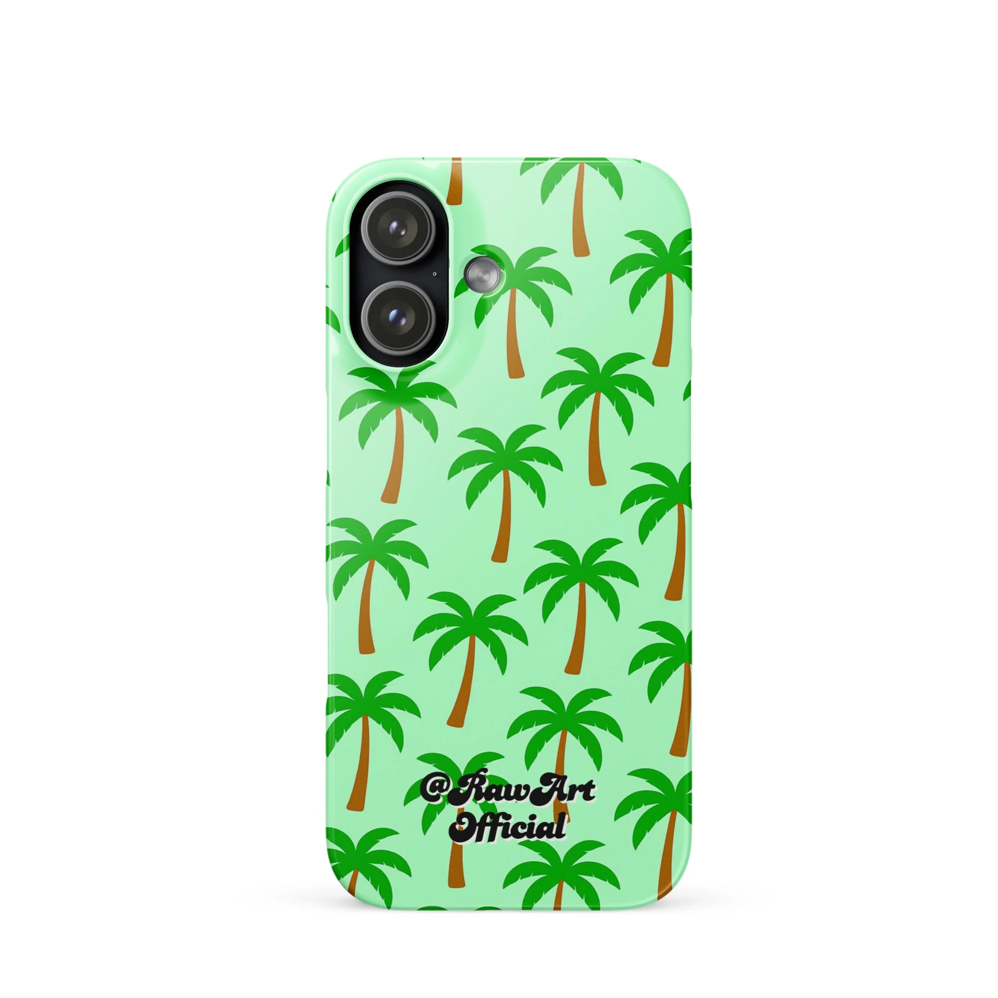 Mint green iPhone case with palm tree pattern, tropical retro design.