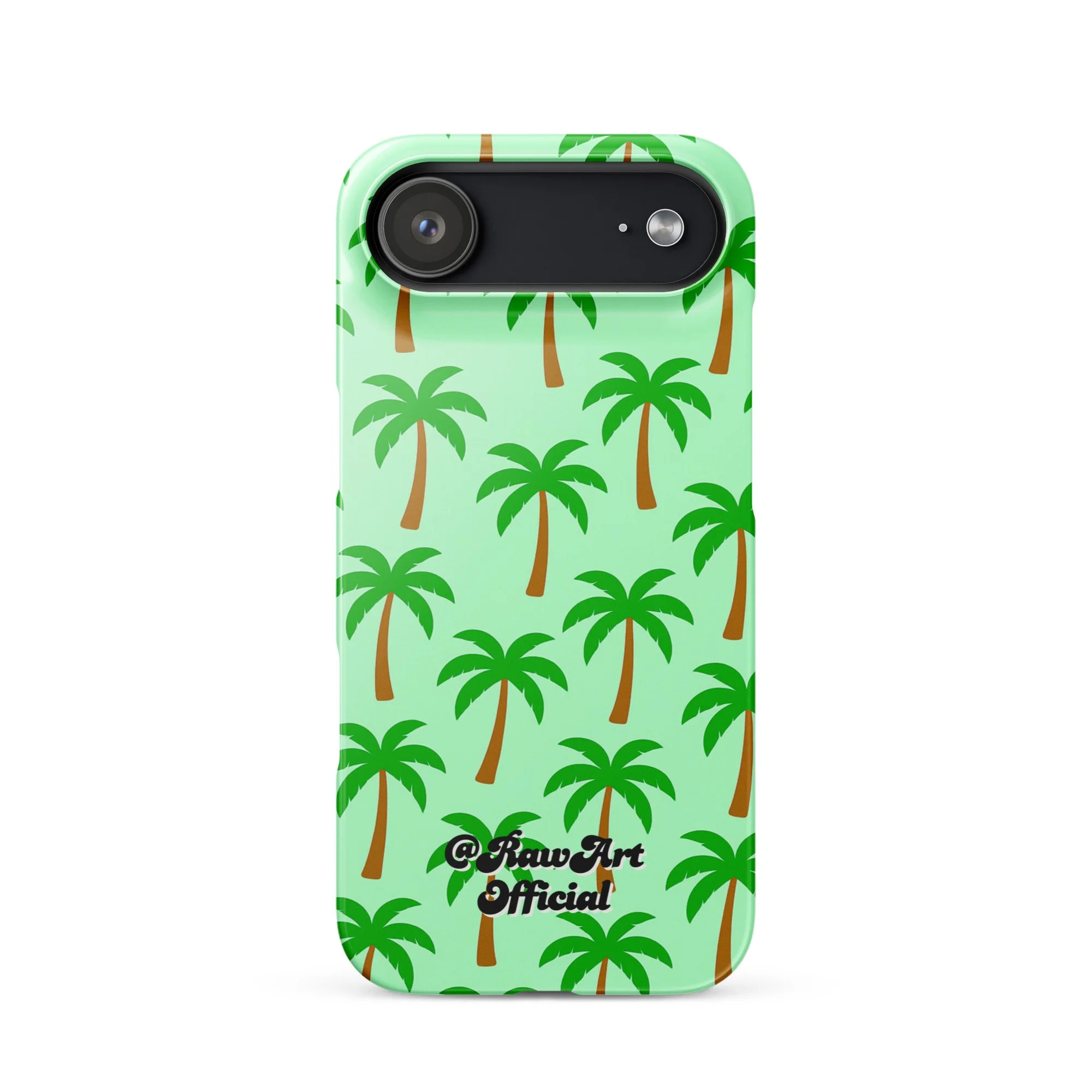 Mint green iPhone case with palm tree pattern, tropical retro design.
