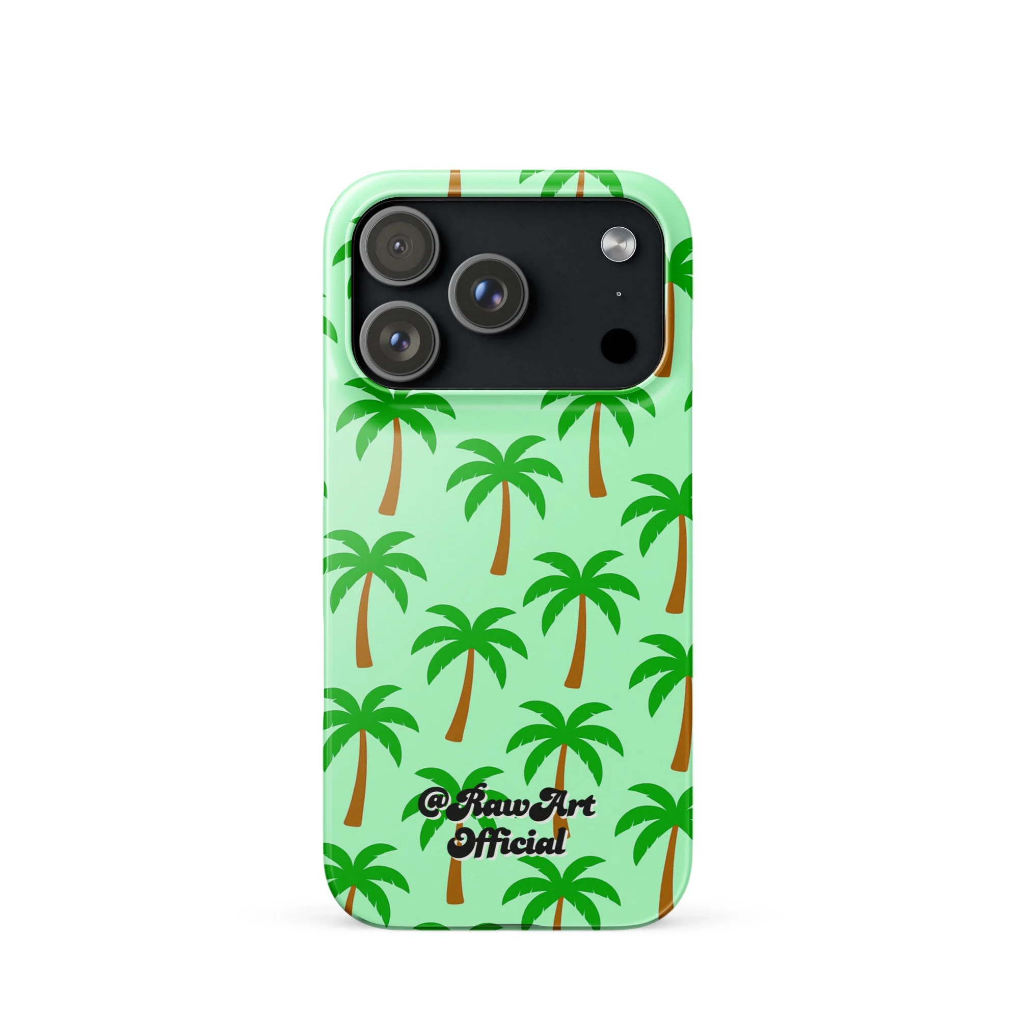 Mint green iPhone case with palm tree pattern, tropical retro design.
