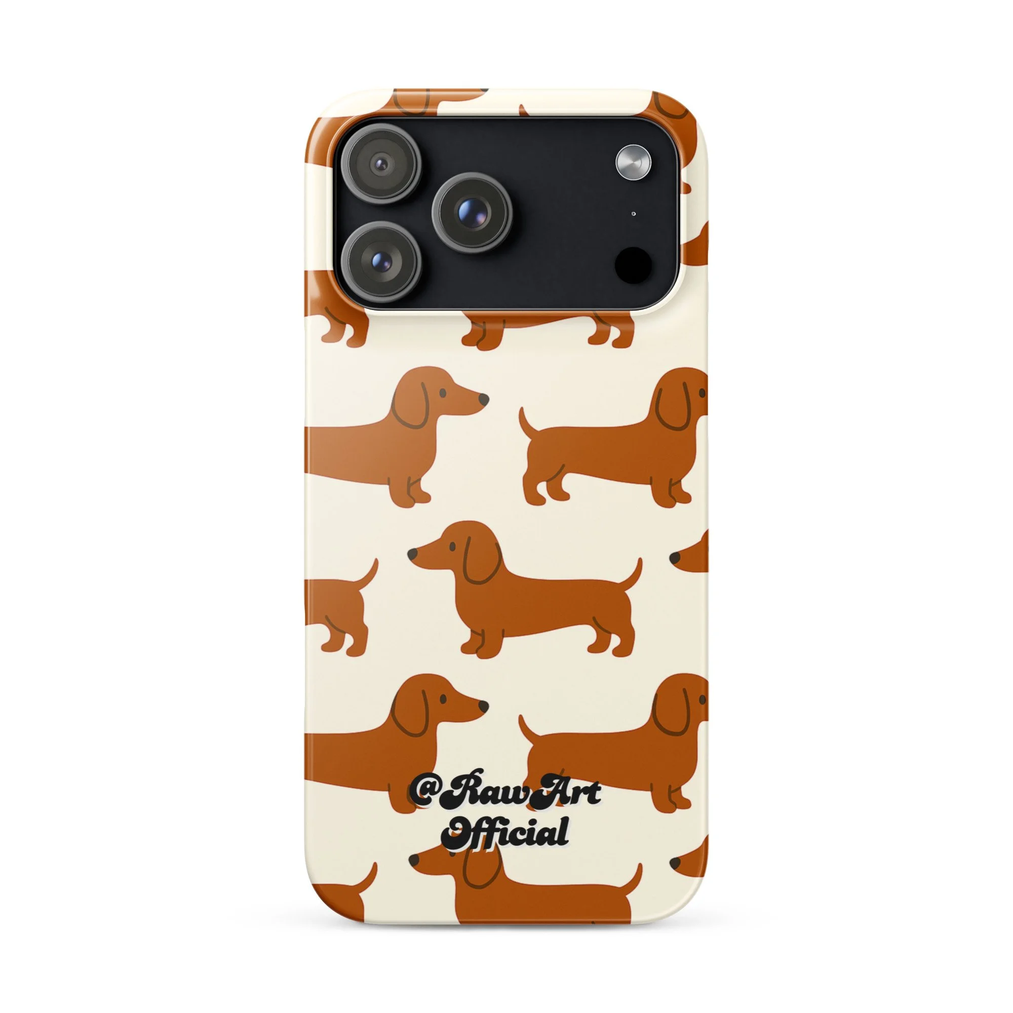Cream iPhone case with brown dachshund pattern, retro wiener dog design.