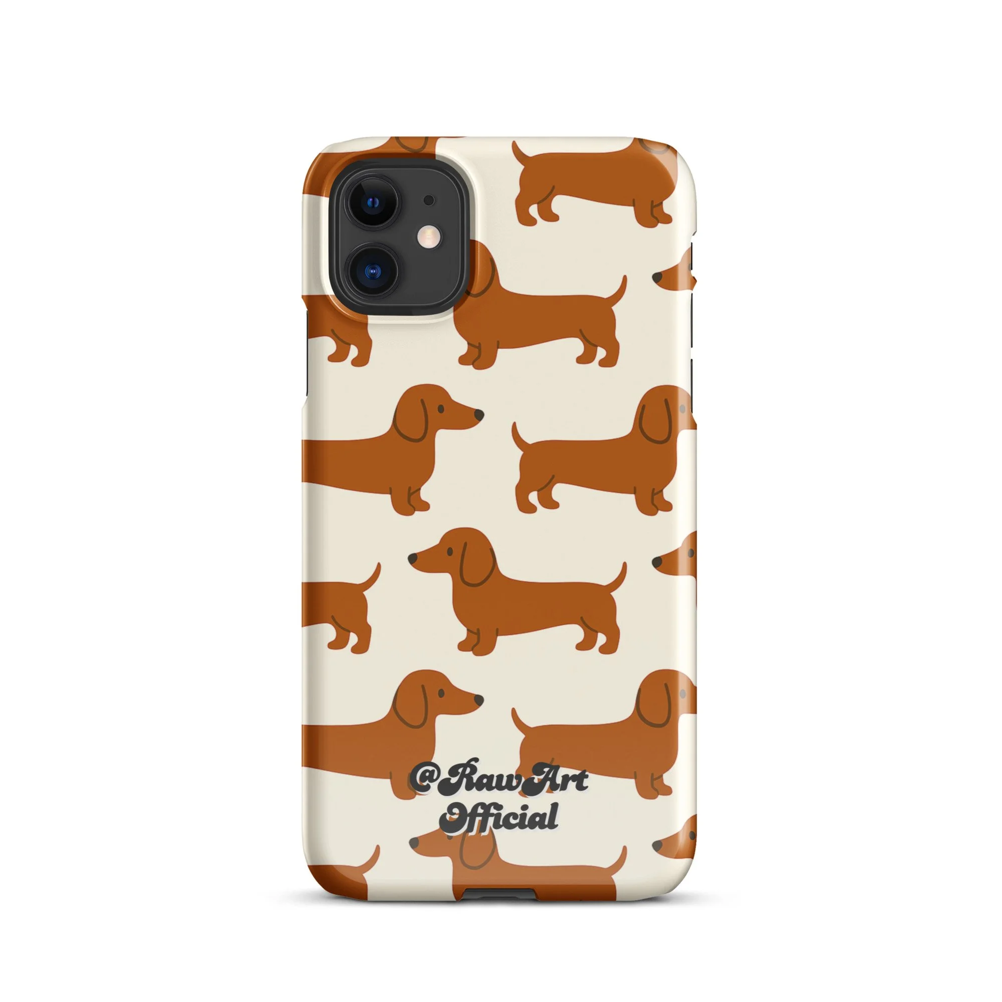 Cream iPhone case with brown dachshund pattern, retro wiener dog design.