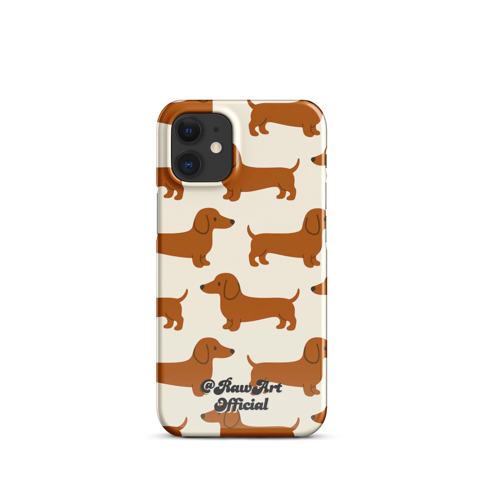 Cream iPhone case with brown dachshund pattern, retro wiener dog design.