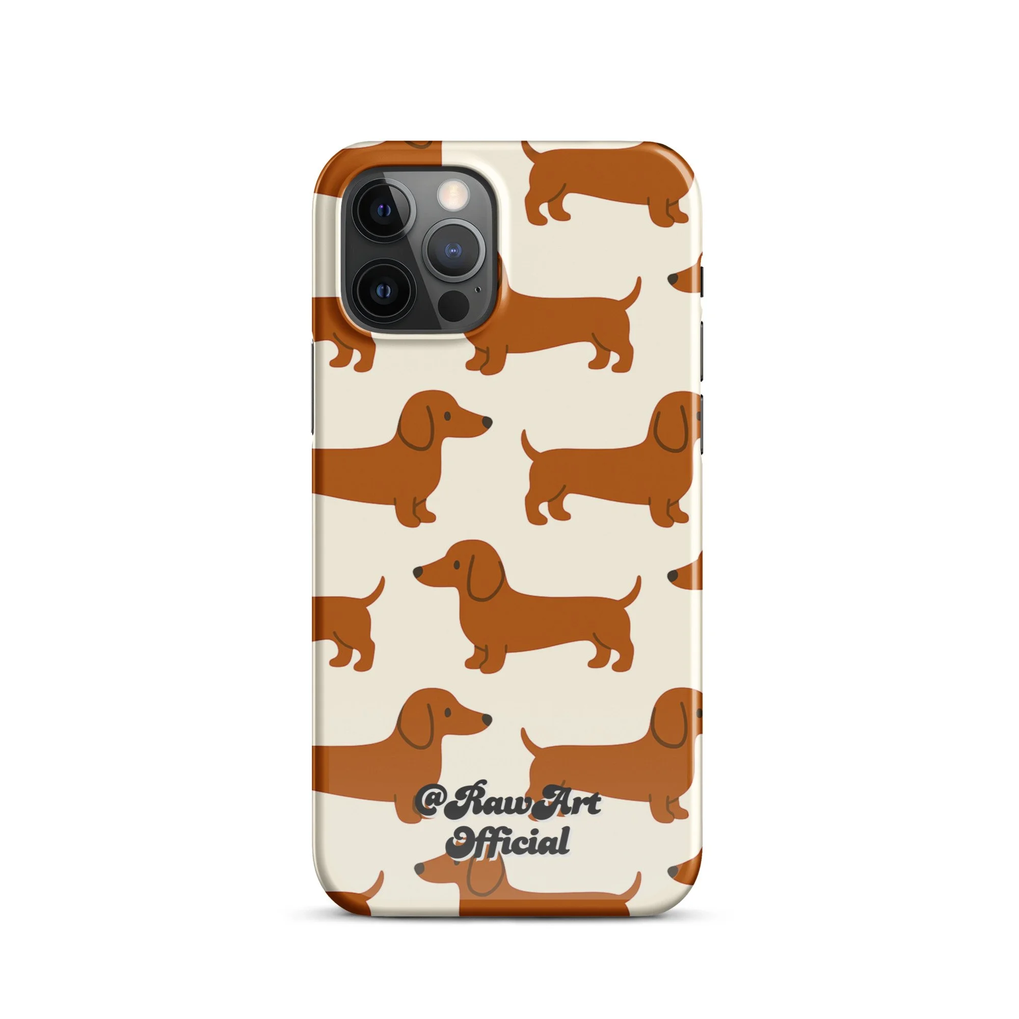 Cream iPhone case with brown dachshund pattern, retro wiener dog design.