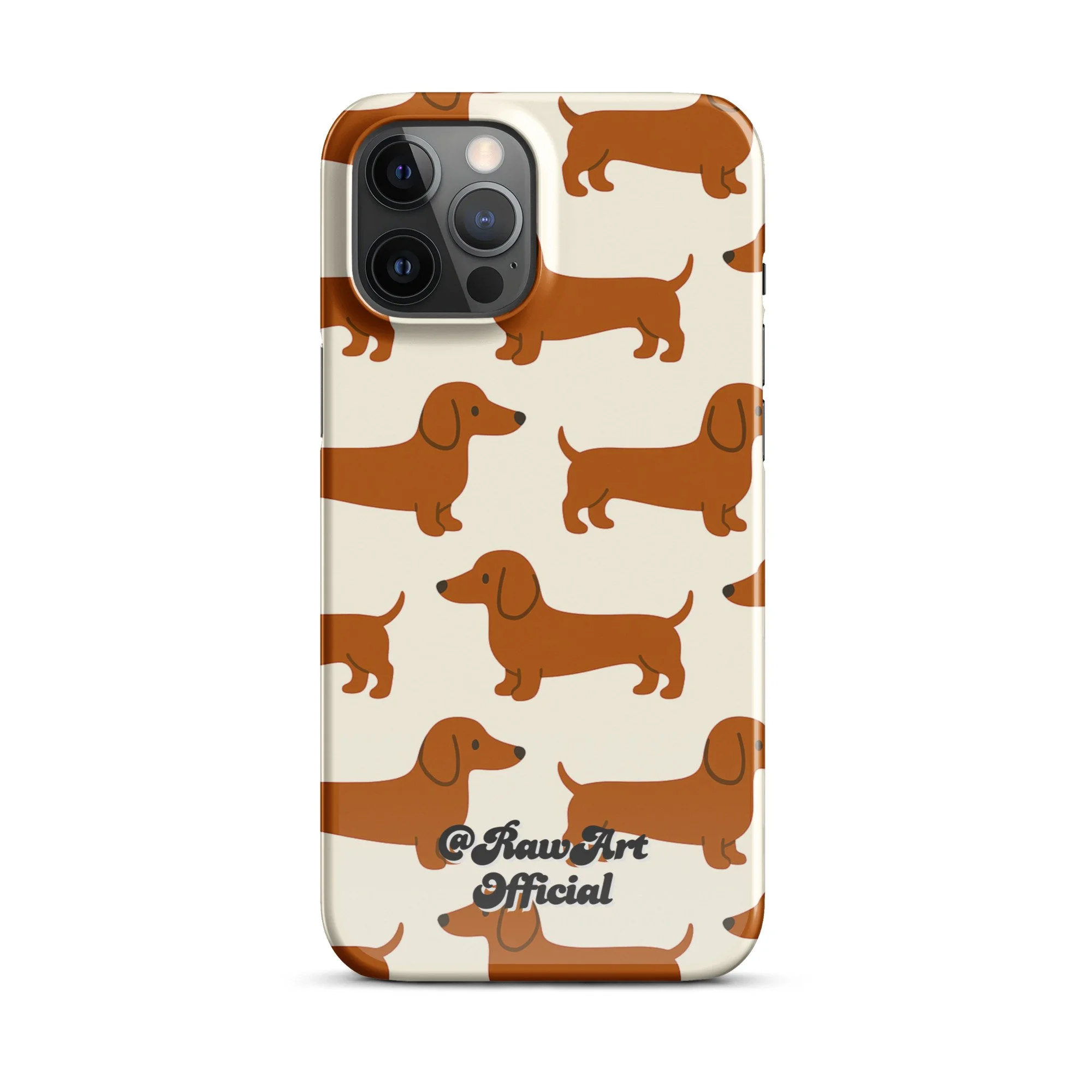 Cream iPhone case with brown dachshund pattern, retro wiener dog design.