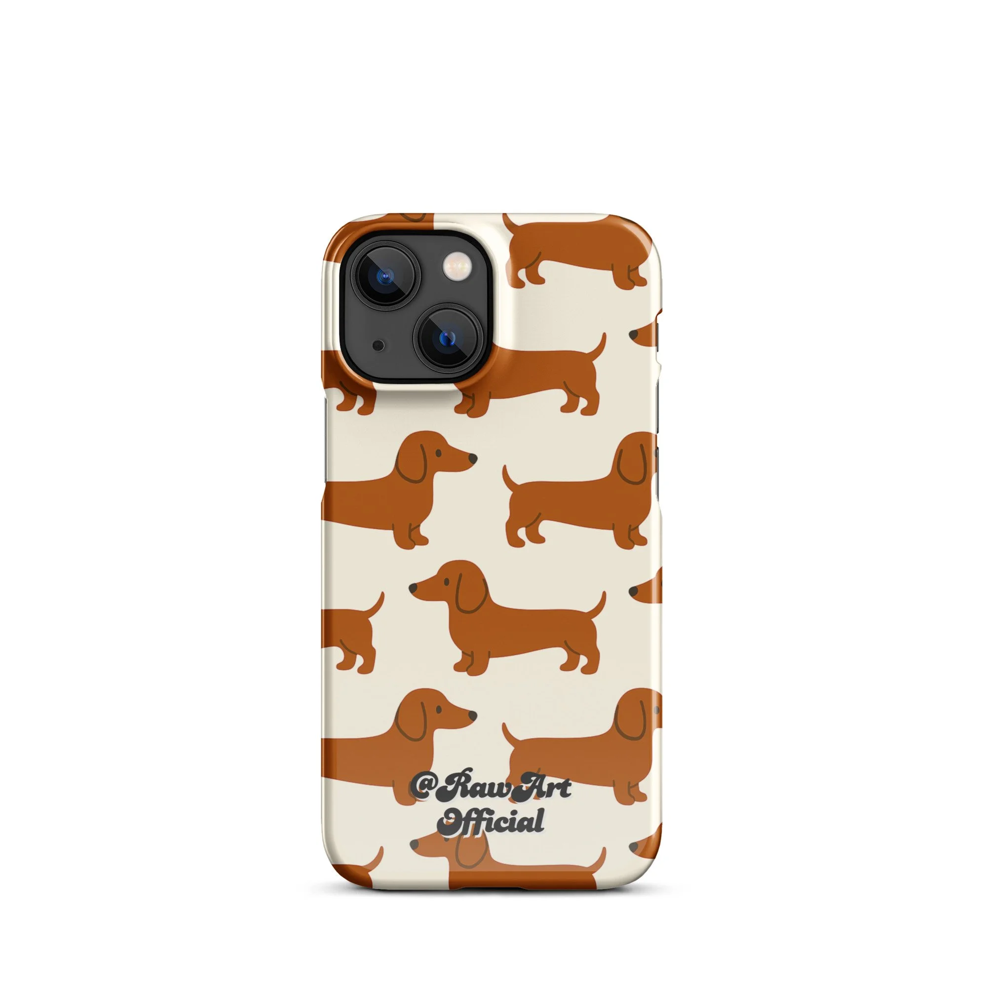 Cream iPhone case with brown dachshund pattern, retro wiener dog design.