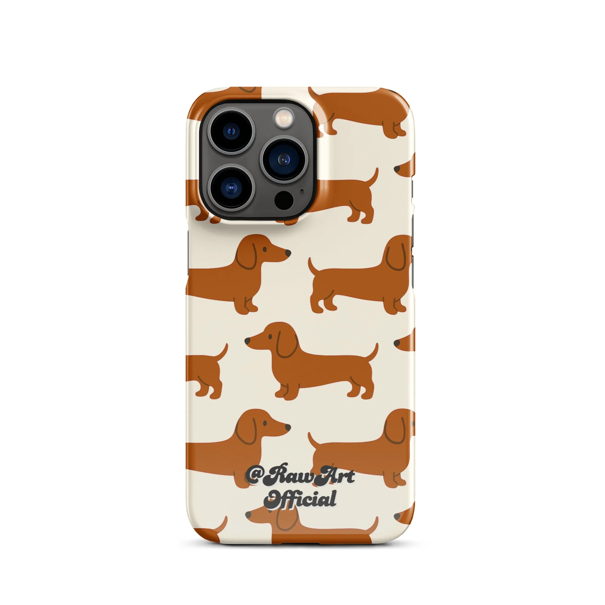 Cream iPhone case with brown dachshund pattern, retro wiener dog design.