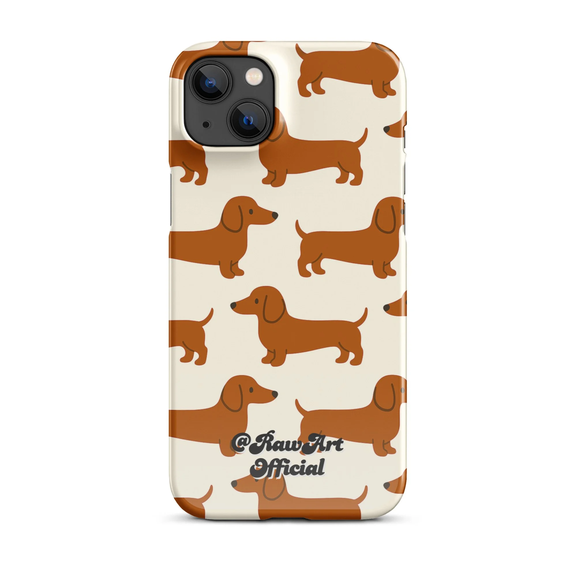 Cream iPhone case with brown dachshund pattern, retro wiener dog design.