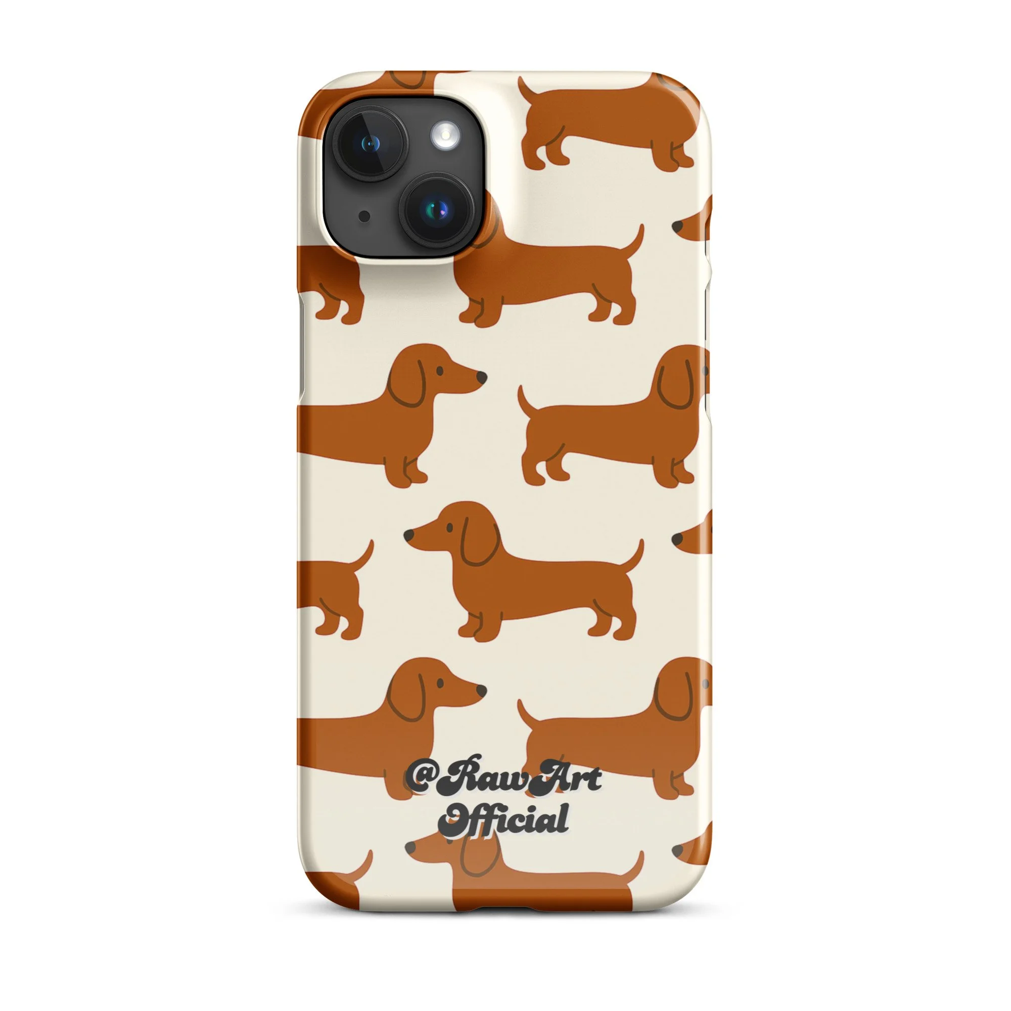 Cream iPhone case with brown dachshund pattern, retro wiener dog design.