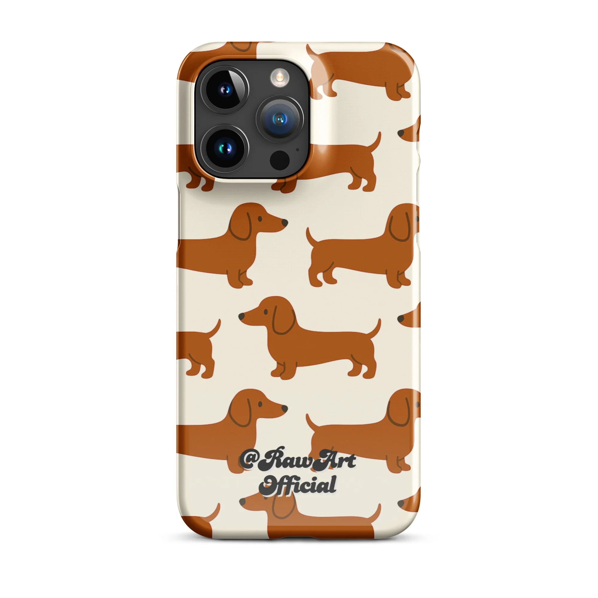 Cream iPhone case with brown dachshund pattern, retro wiener dog design.
