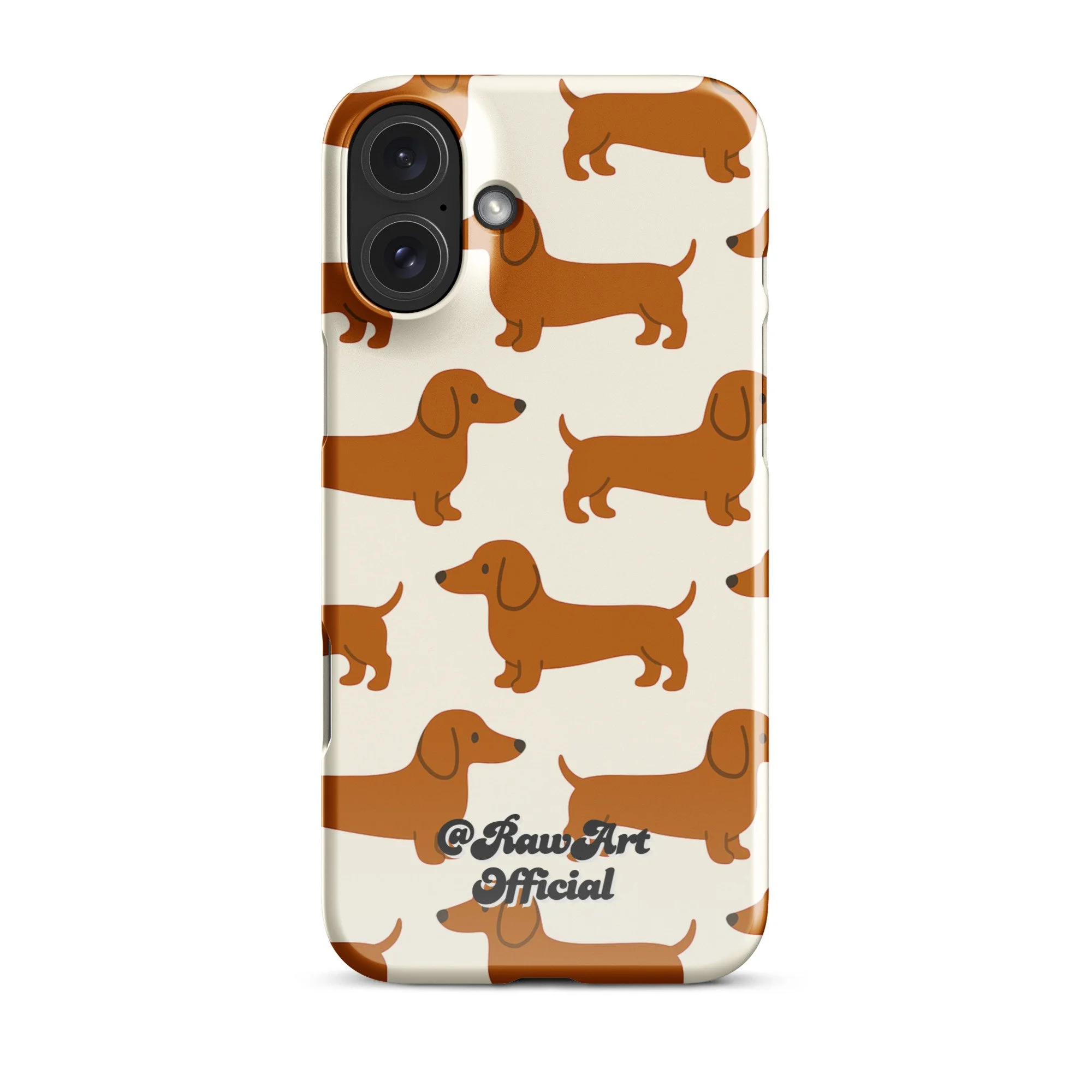 Cream iPhone case with brown dachshund pattern, retro wiener dog design.
