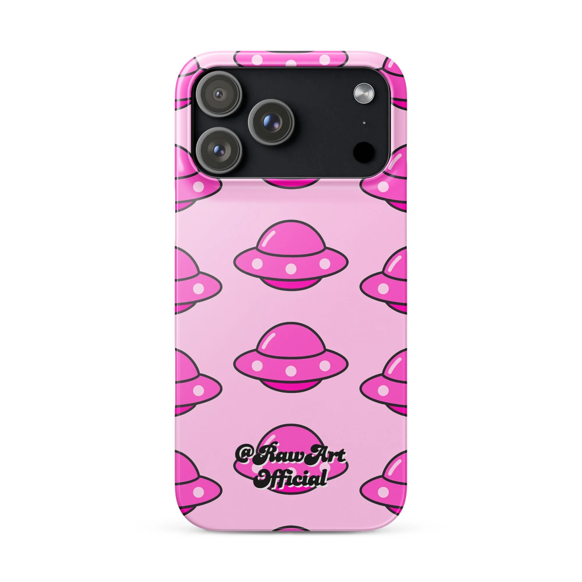 Pink iPhone case with retro UFO spaceship pattern, Y2K alien design.