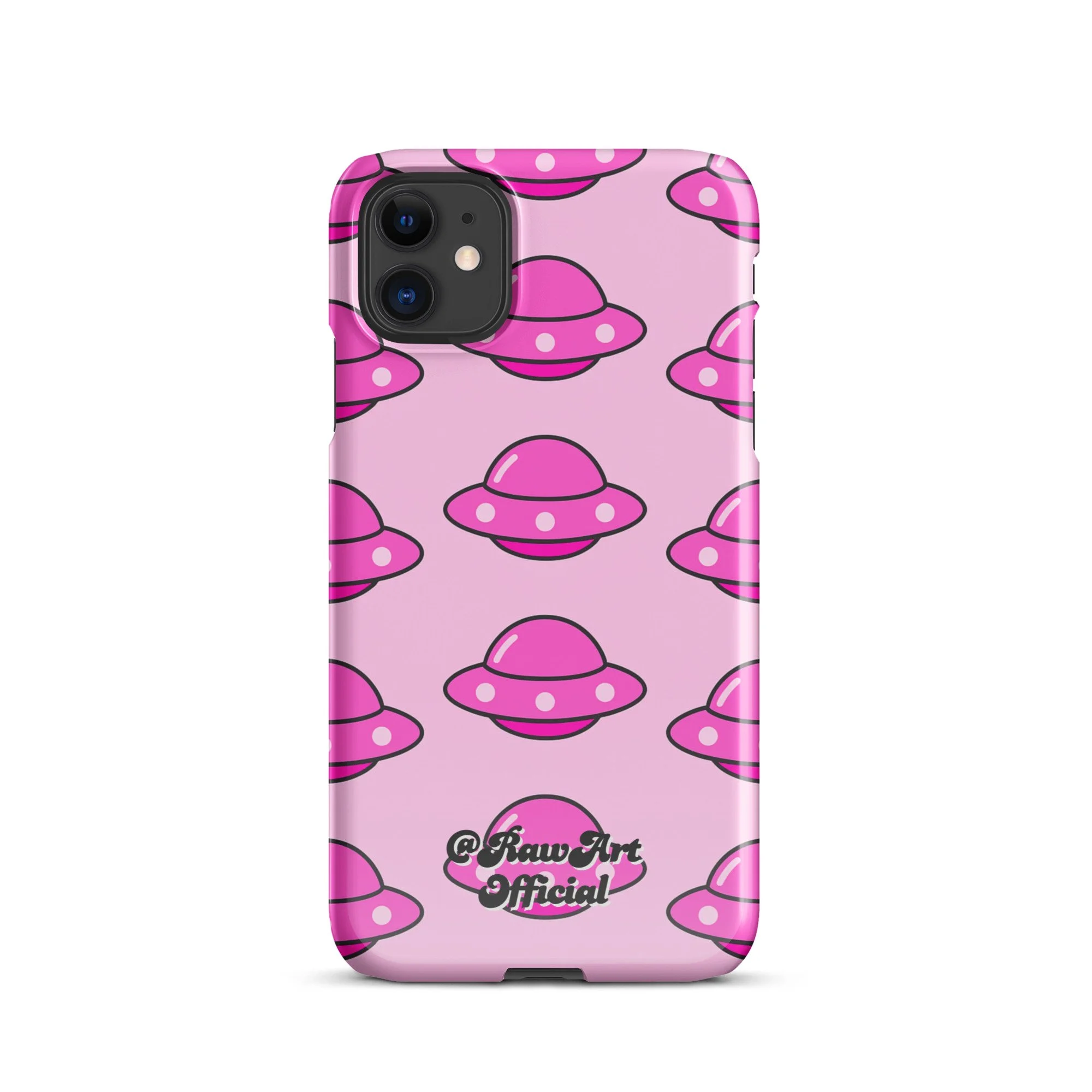Pink iPhone case with retro UFO spaceship pattern, Y2K alien design.