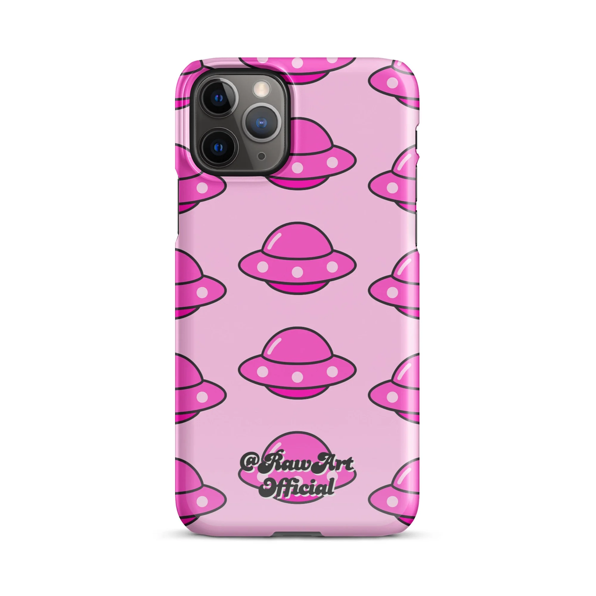 Pink iPhone case with retro UFO spaceship pattern, Y2K alien design.