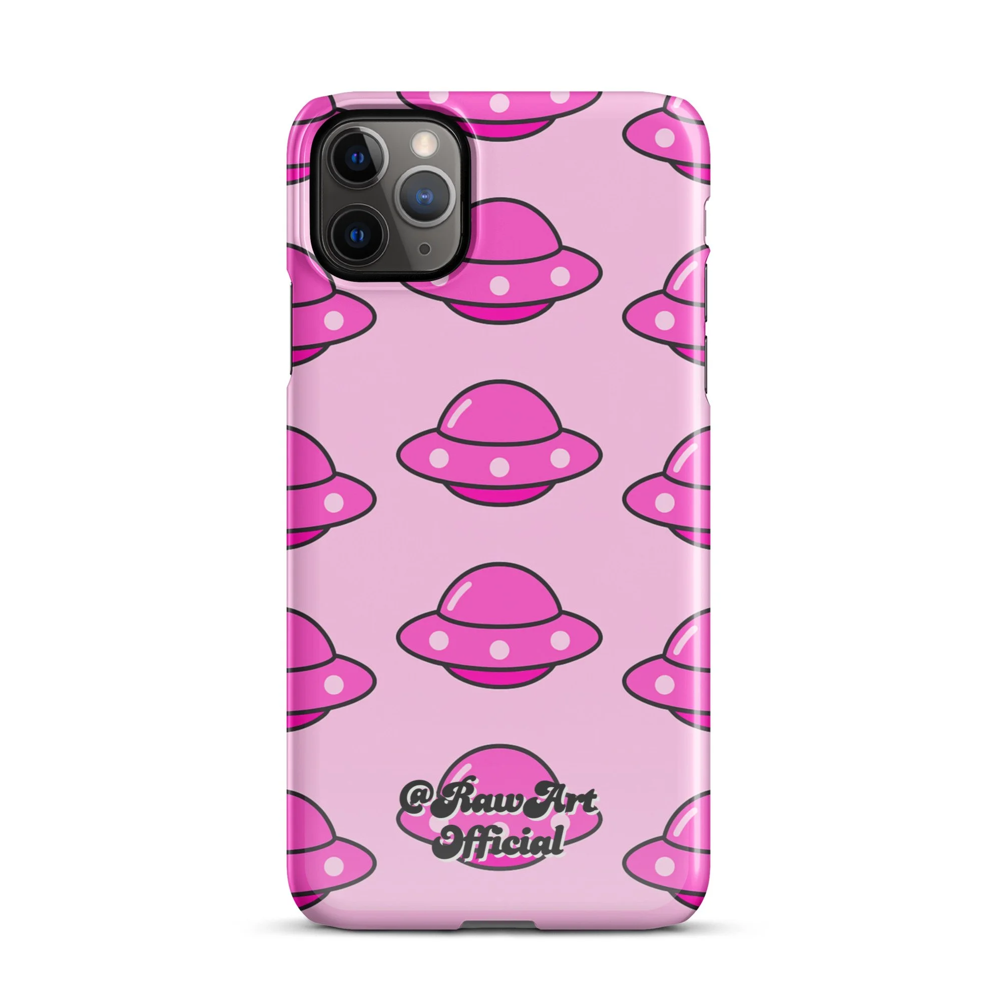 Pink iPhone case with retro UFO spaceship pattern, Y2K alien design.