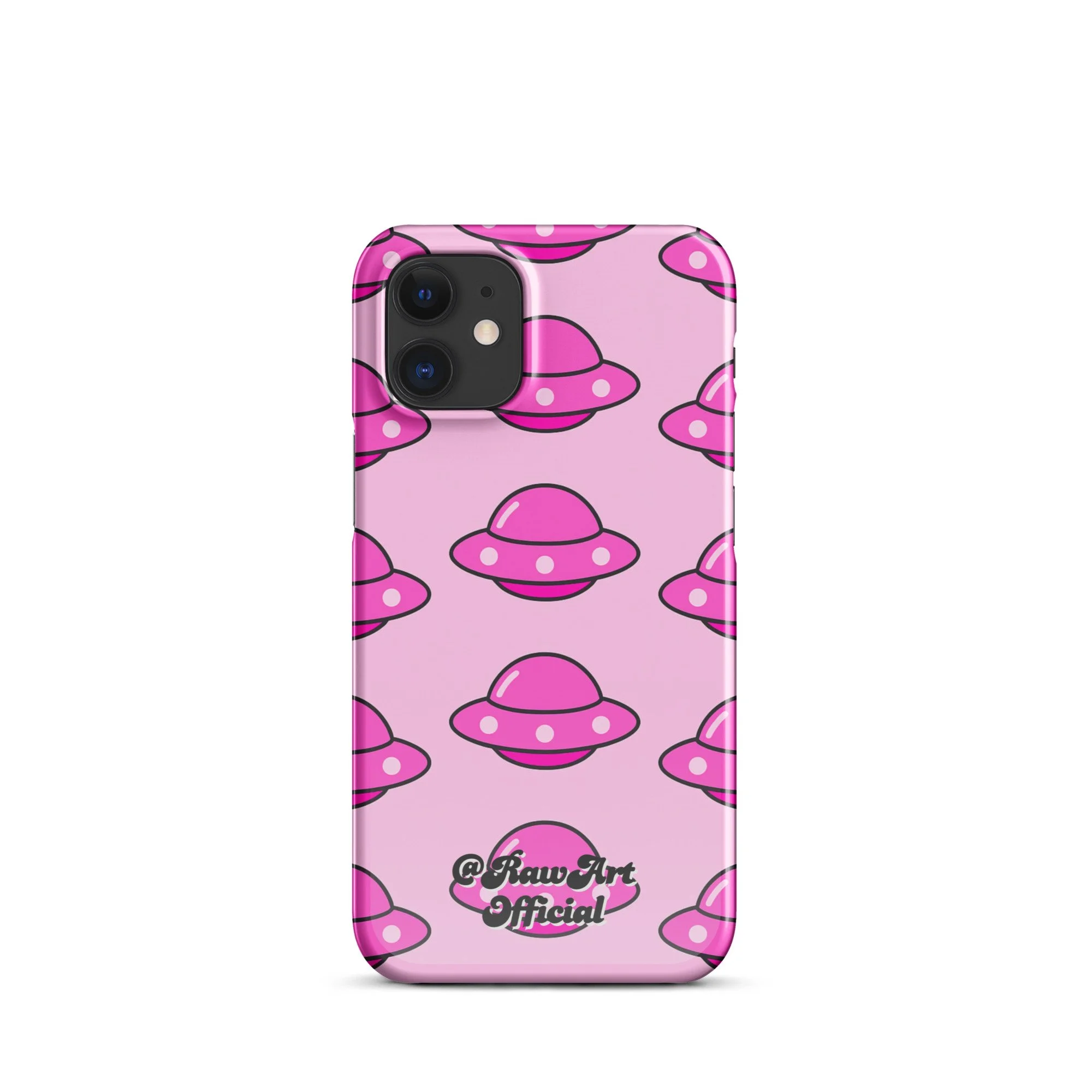 Pink iPhone case with retro UFO spaceship pattern, Y2K alien design.