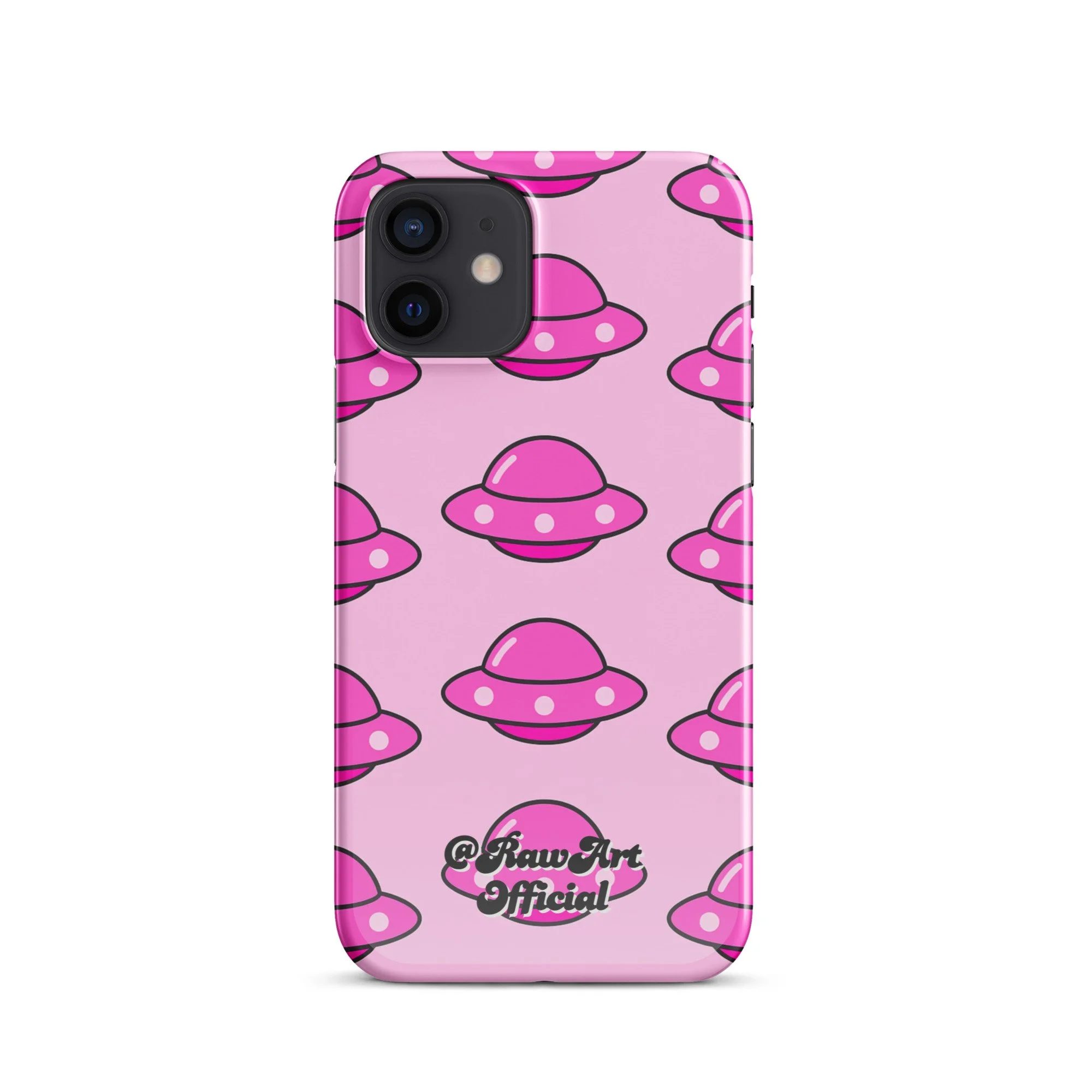 Pink iPhone case with retro UFO spaceship pattern, Y2K alien design.