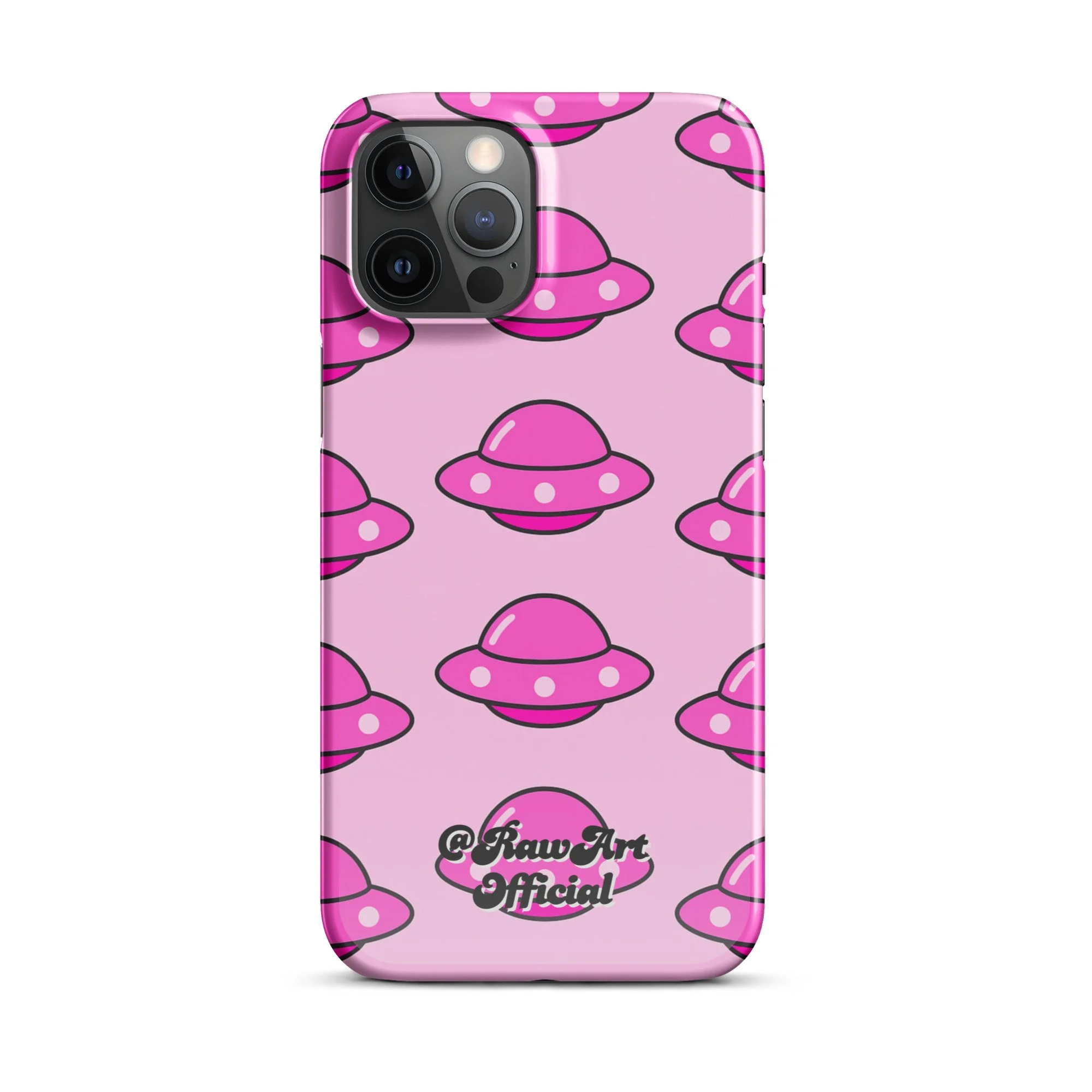 Pink iPhone case with retro UFO spaceship pattern, Y2K alien design.