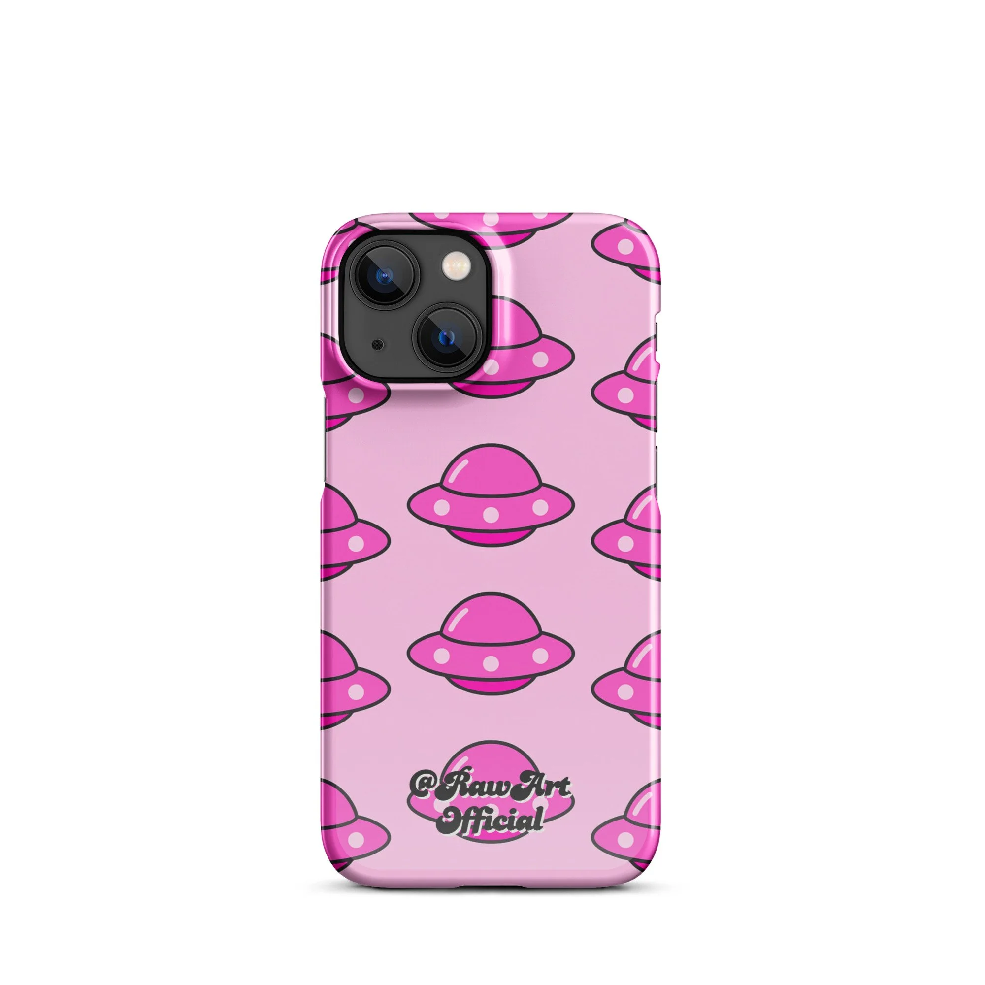 Pink iPhone case with retro UFO spaceship pattern, Y2K alien design.