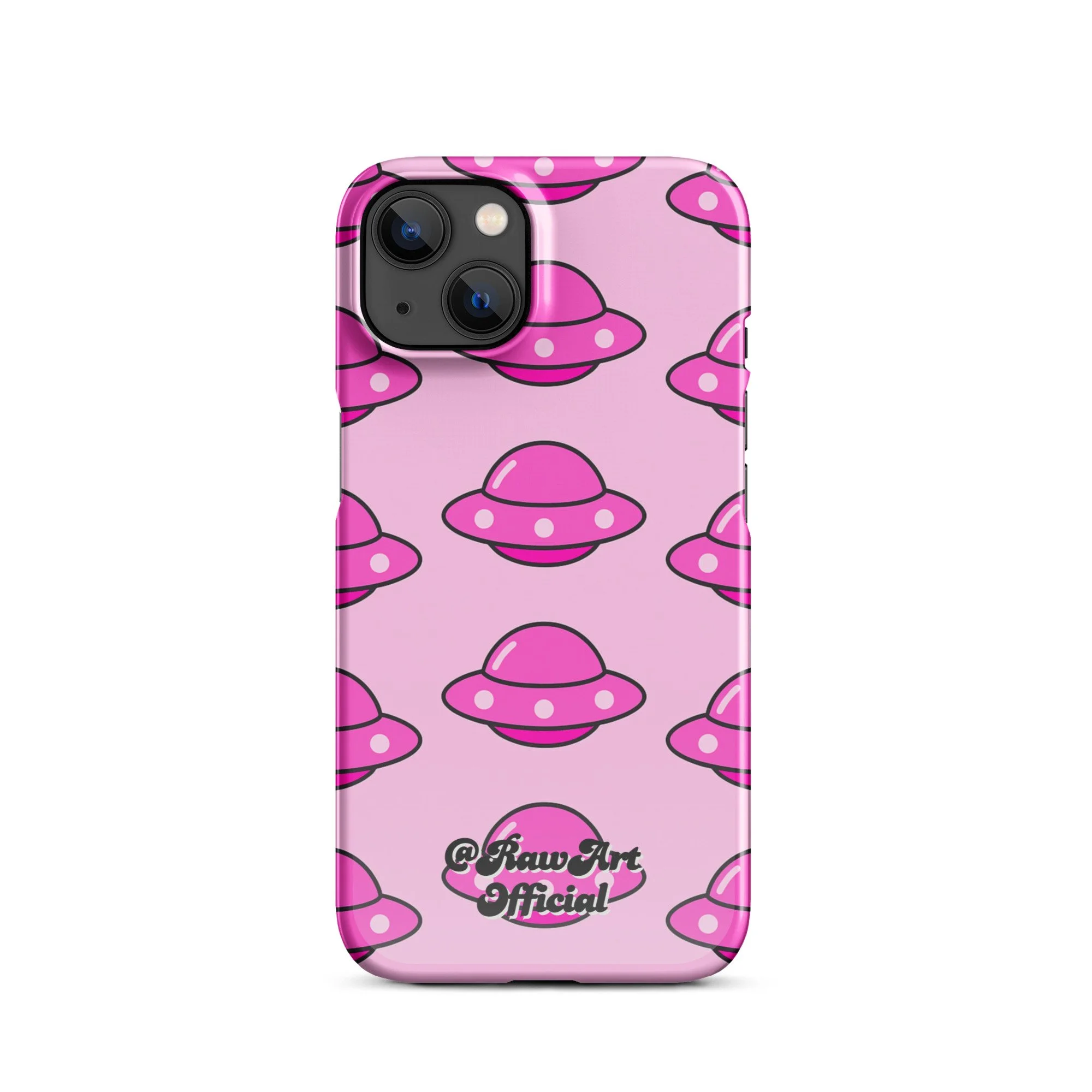 Pink iPhone case with retro UFO spaceship pattern, Y2K alien design.