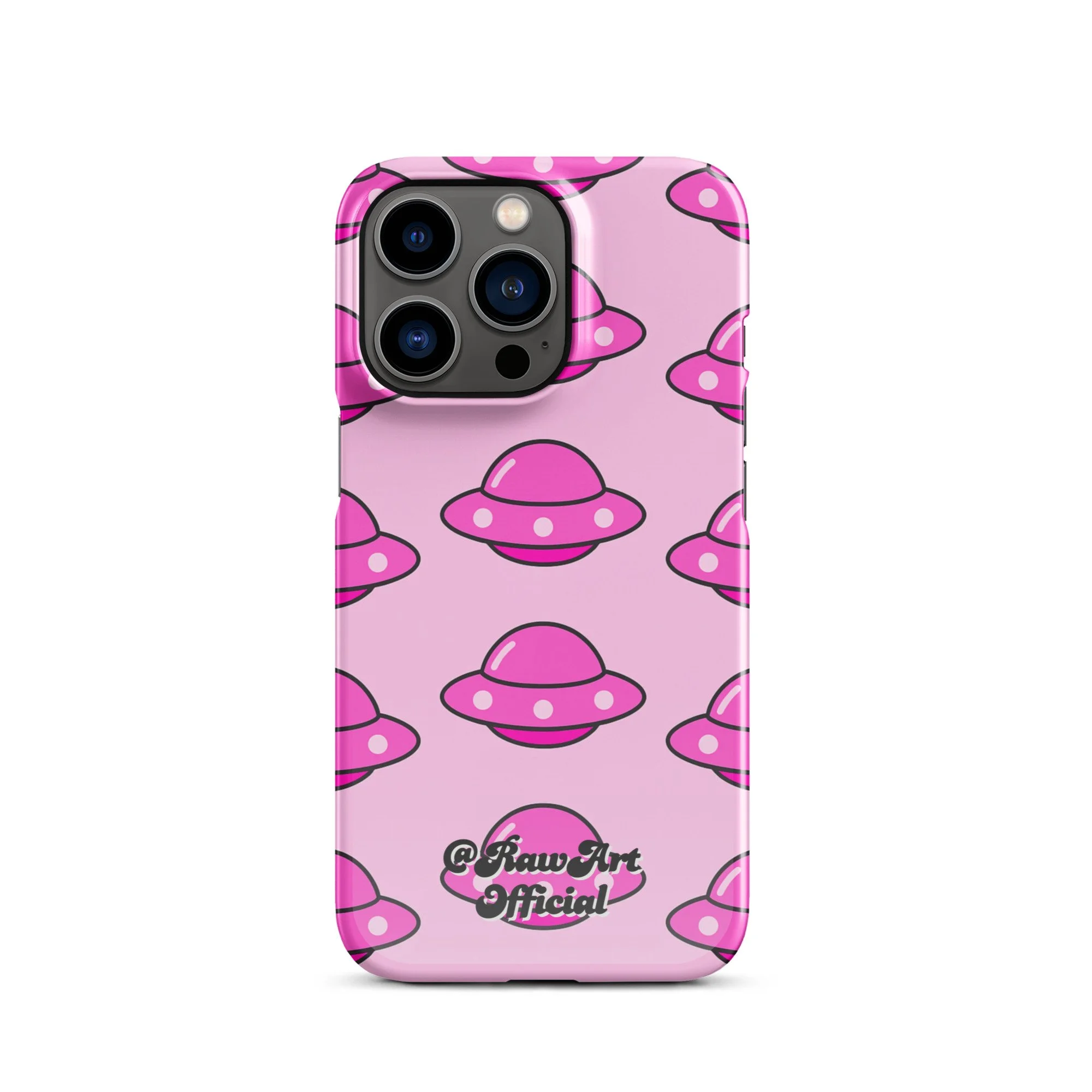 Pink iPhone case with retro UFO spaceship pattern, Y2K alien design.