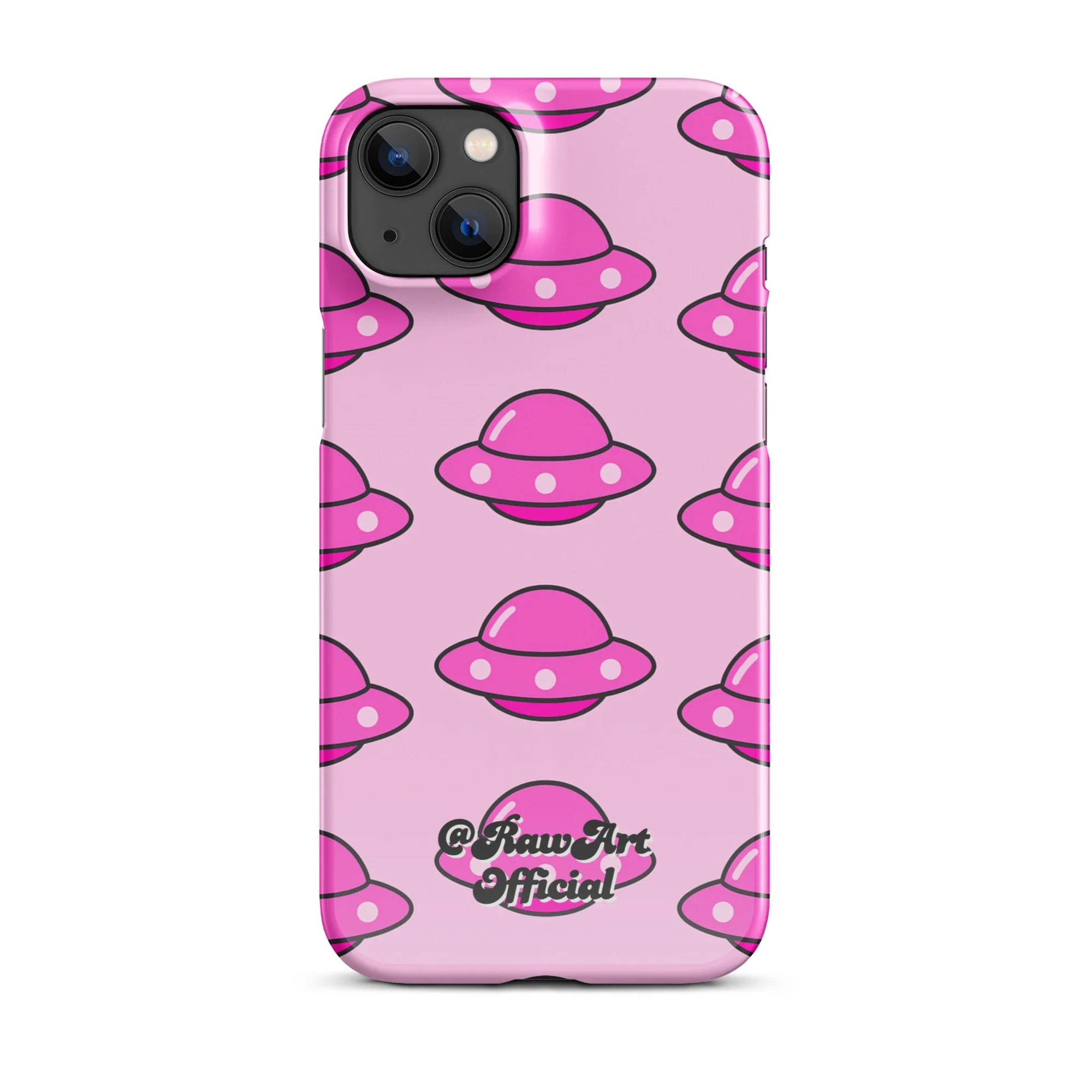 Pink iPhone case with retro UFO spaceship pattern, Y2K alien design.