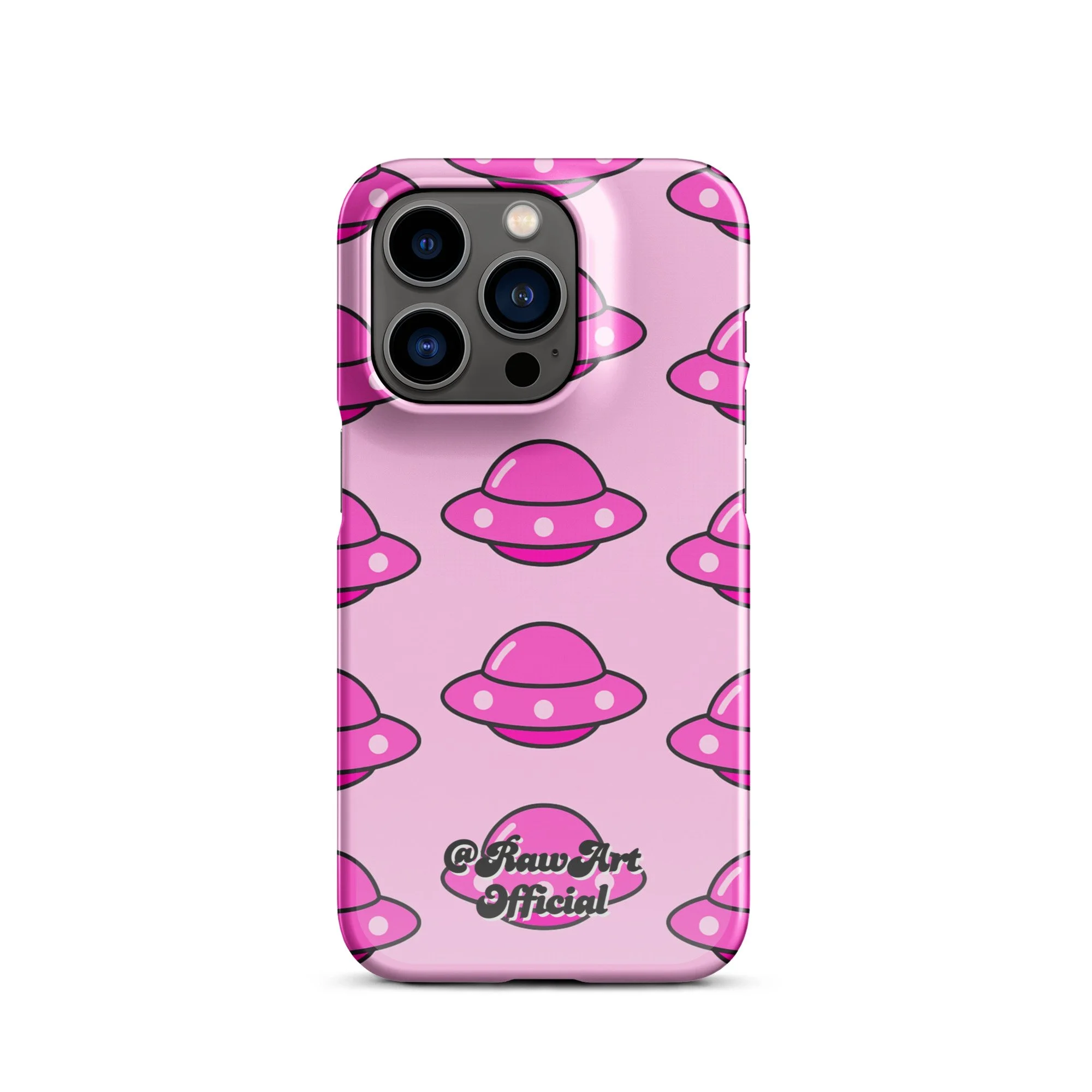 Pink iPhone case with retro UFO spaceship pattern, Y2K alien design.