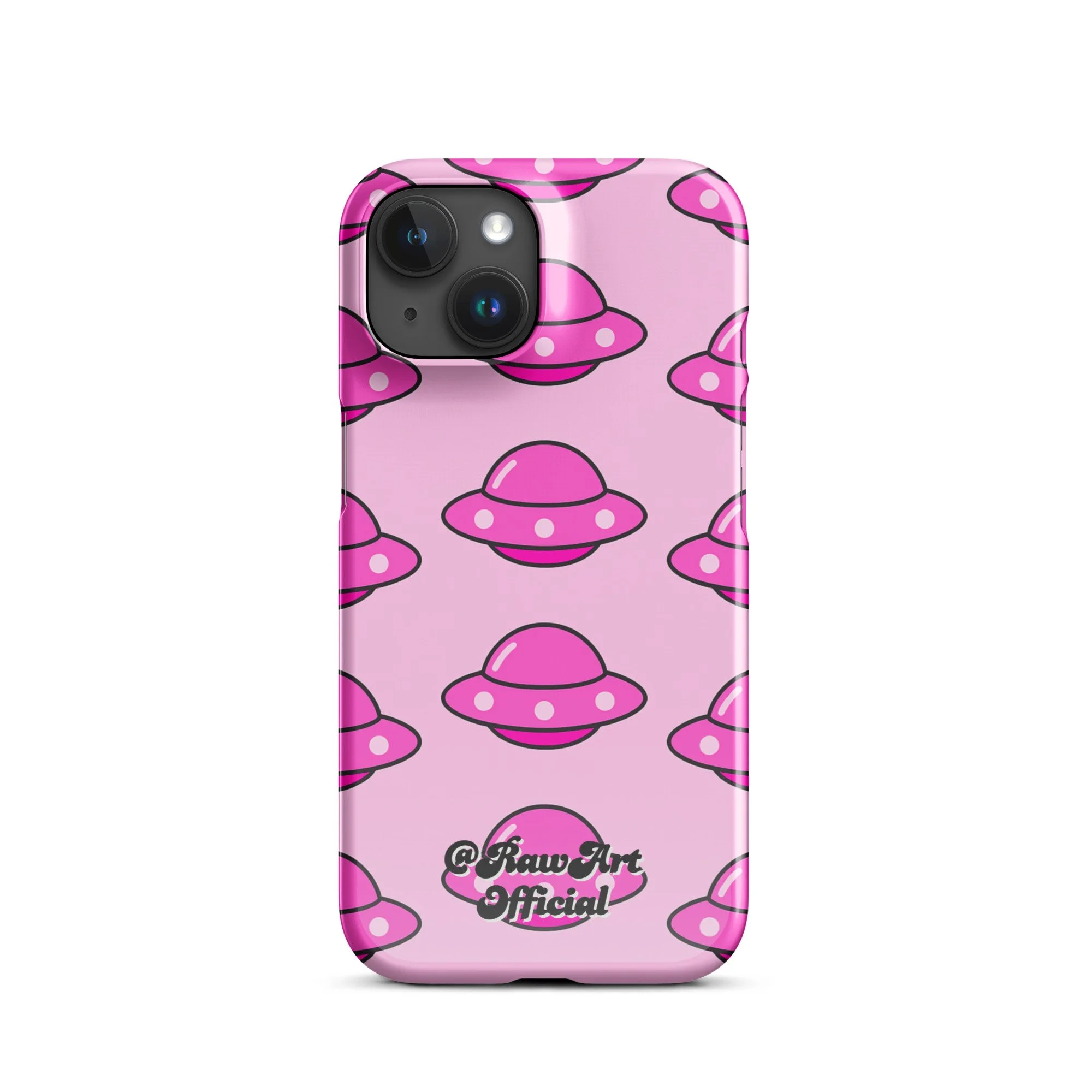 Pink iPhone case with retro UFO spaceship pattern, Y2K alien design.